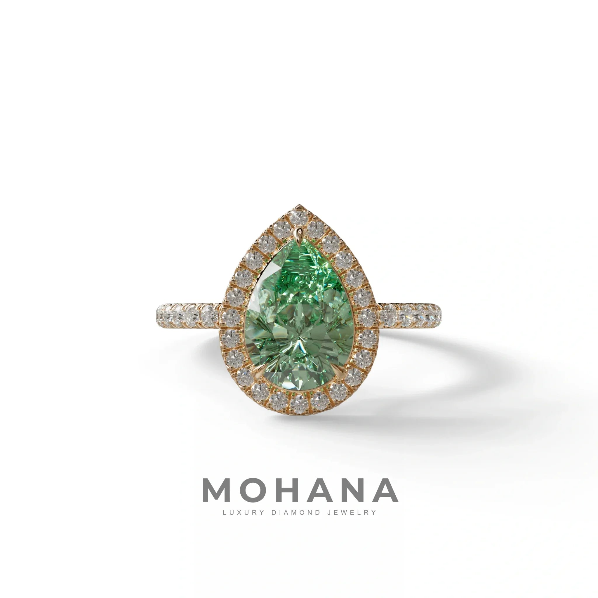2 Carat Green Pear Cut Halo & Pave Lab Diamond Ring - Glam Deck - 10K Solid Gold / Rose Gold