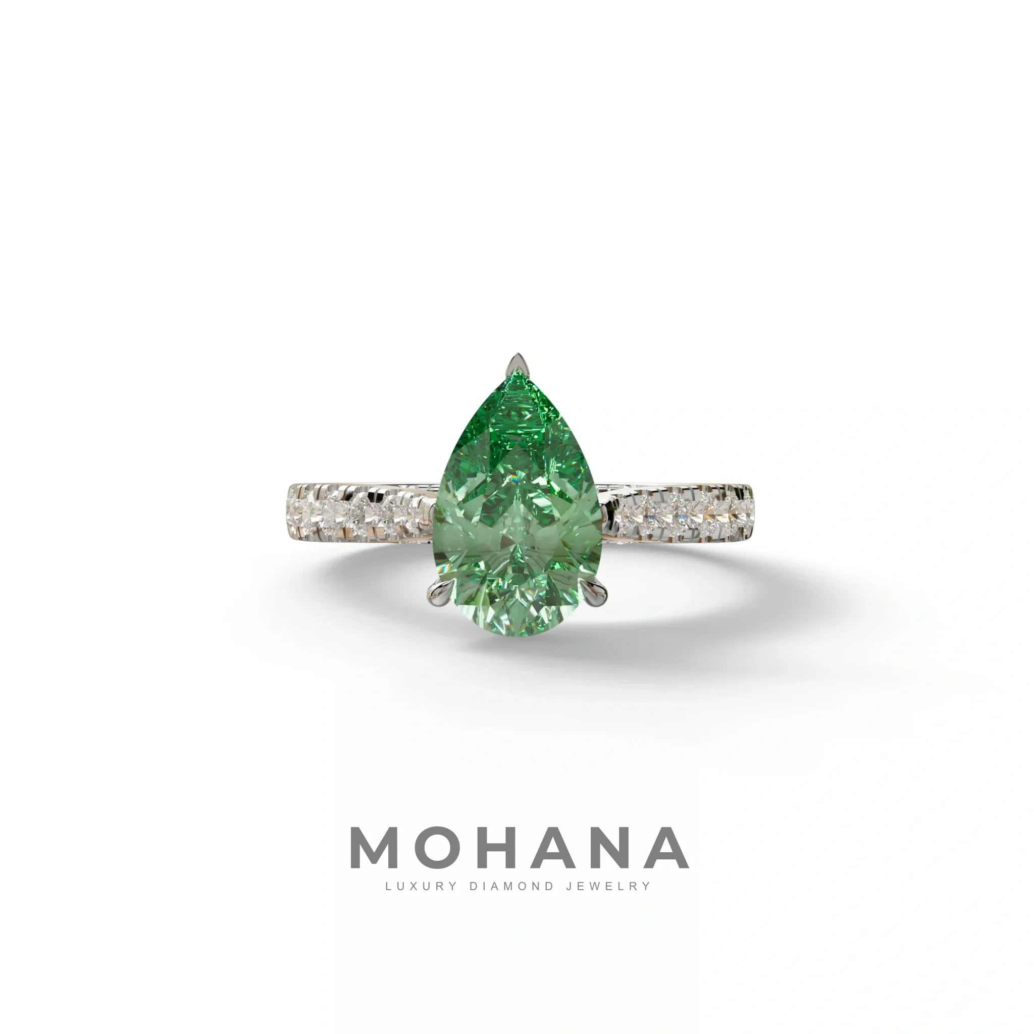 2 Carat Green Pear Shaped Hidden Halo Lab Diamond Engagement Ring - Teardrop - 10K Solid Gold / White Gold