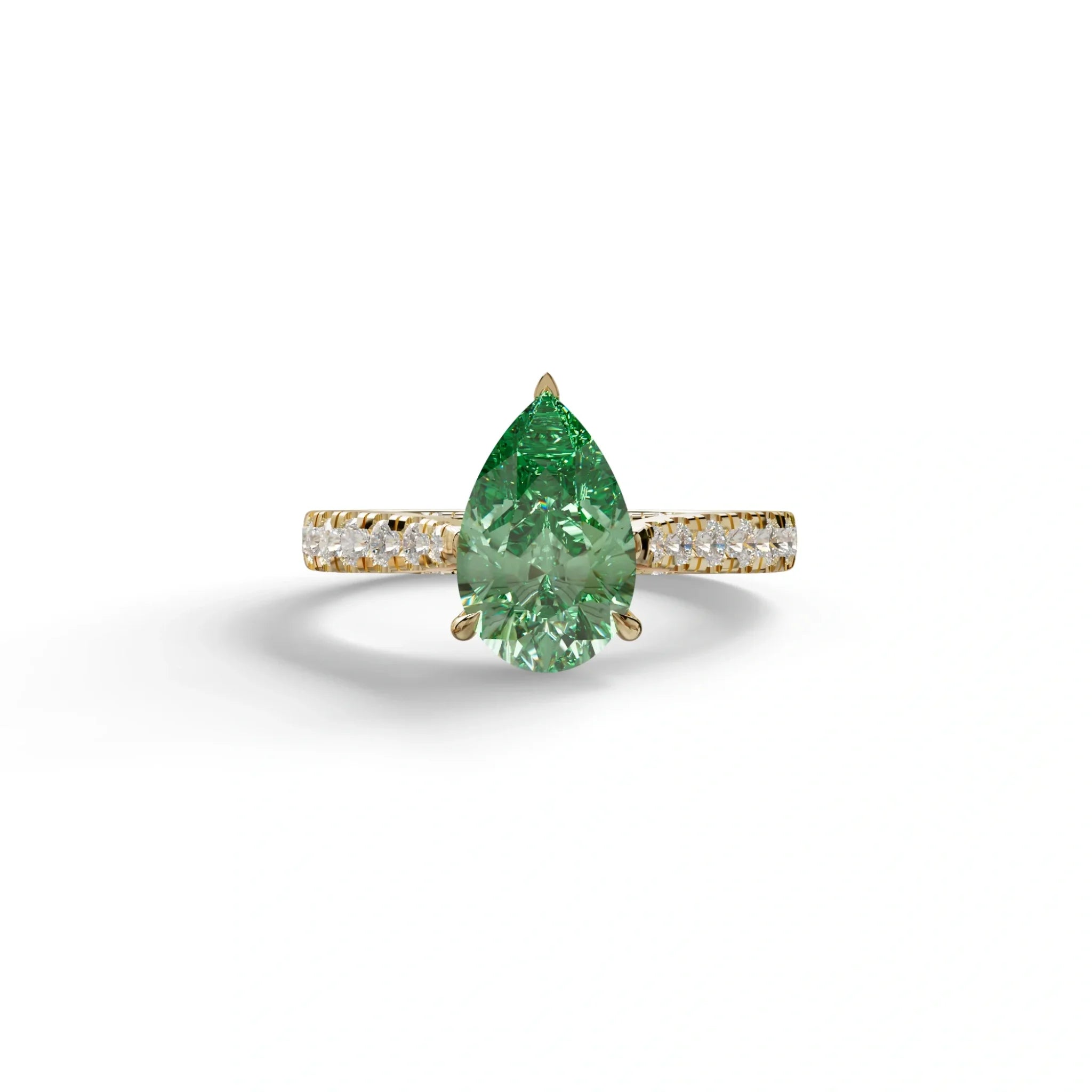 2 Carat Green Pear Shaped Hidden Halo Lab Diamond Engagement Ring - Teardrop - 10K Solid Gold / Yellow Gold