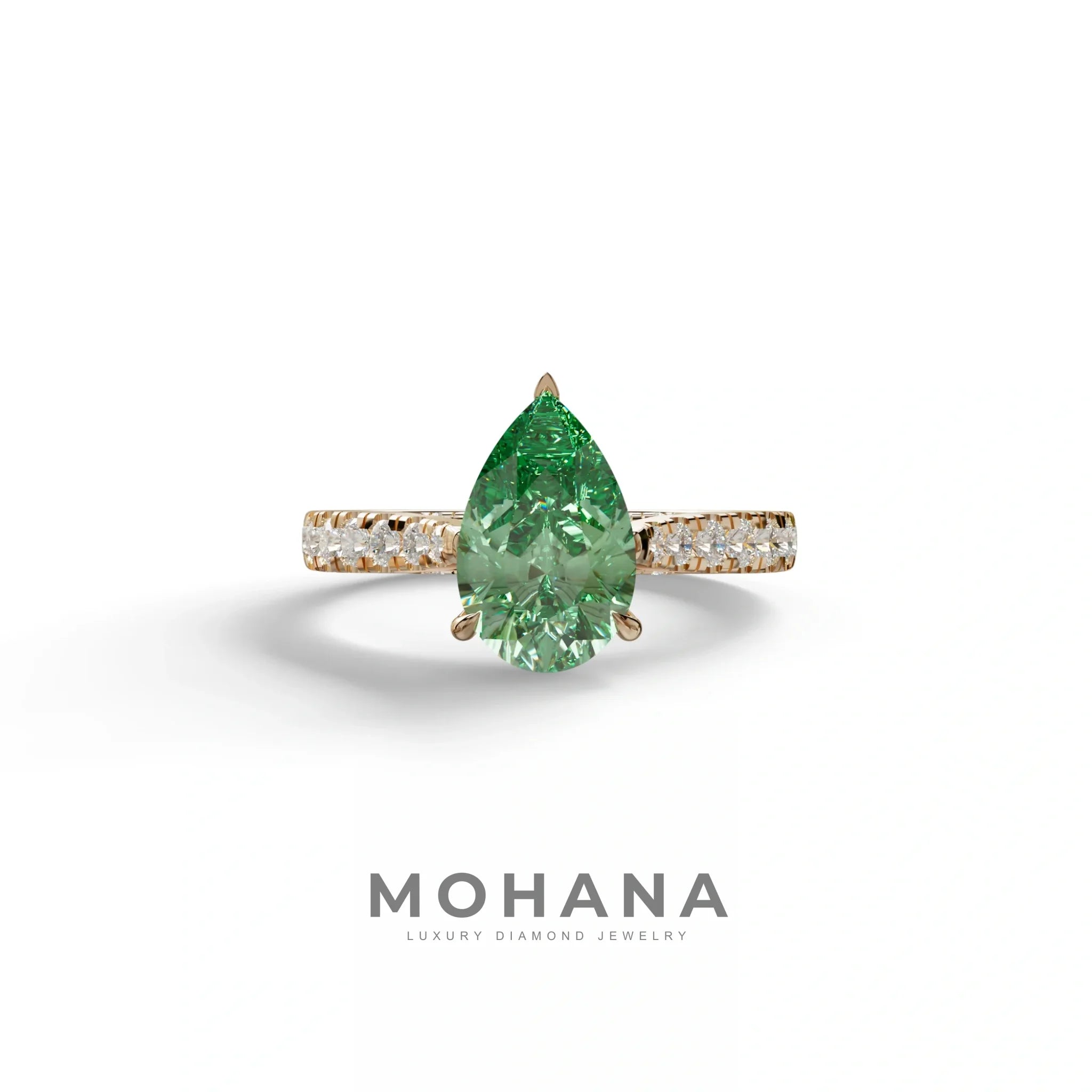2 Carat Green Pear Shaped Hidden Halo Lab Diamond Engagement Ring - Teardrop - 10K Solid Gold / Rose Gold