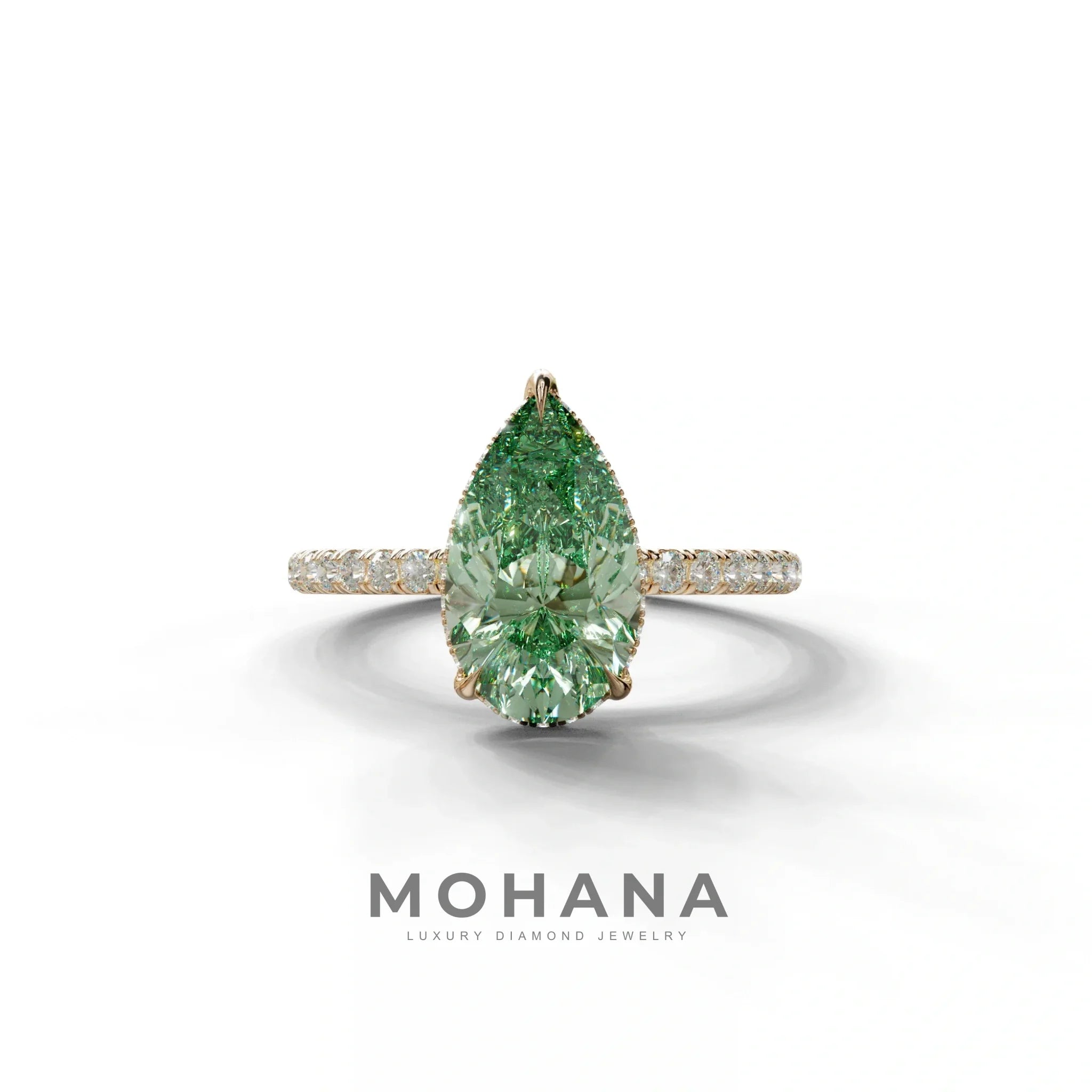 2 Carat Green Pear Cut Hidden Halo & Pave Lab Diamond Ring - 10K Solid Gold / Rose Gold