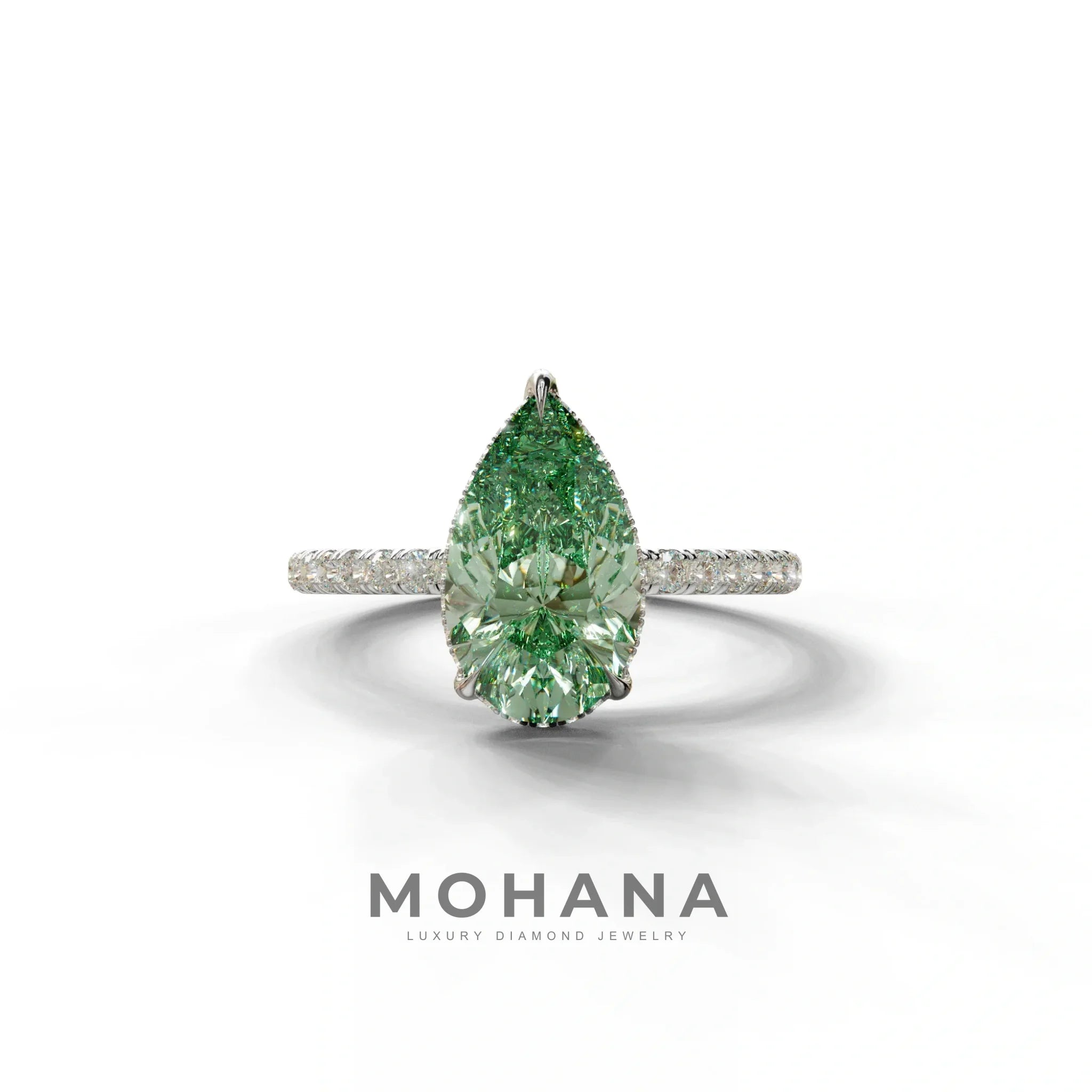 2 Carat Green Pear Cut Hidden Halo & Pave Lab Diamond Ring - 10K Solid Gold / White Gold