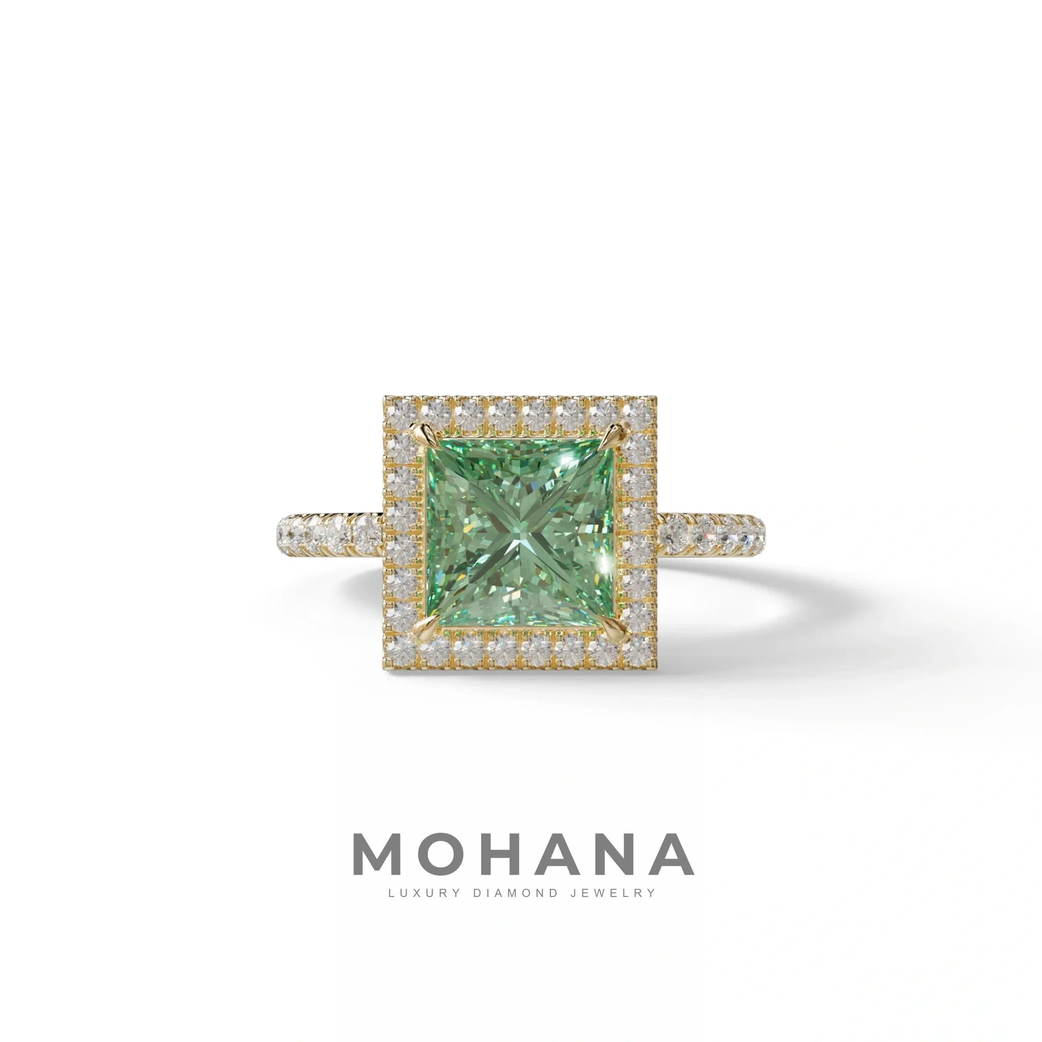 2 Carat Green Princess Cut Halo & Pave Lab Diamond Ring - Diamond Prime - 10K Solid Gold / Rose Gold