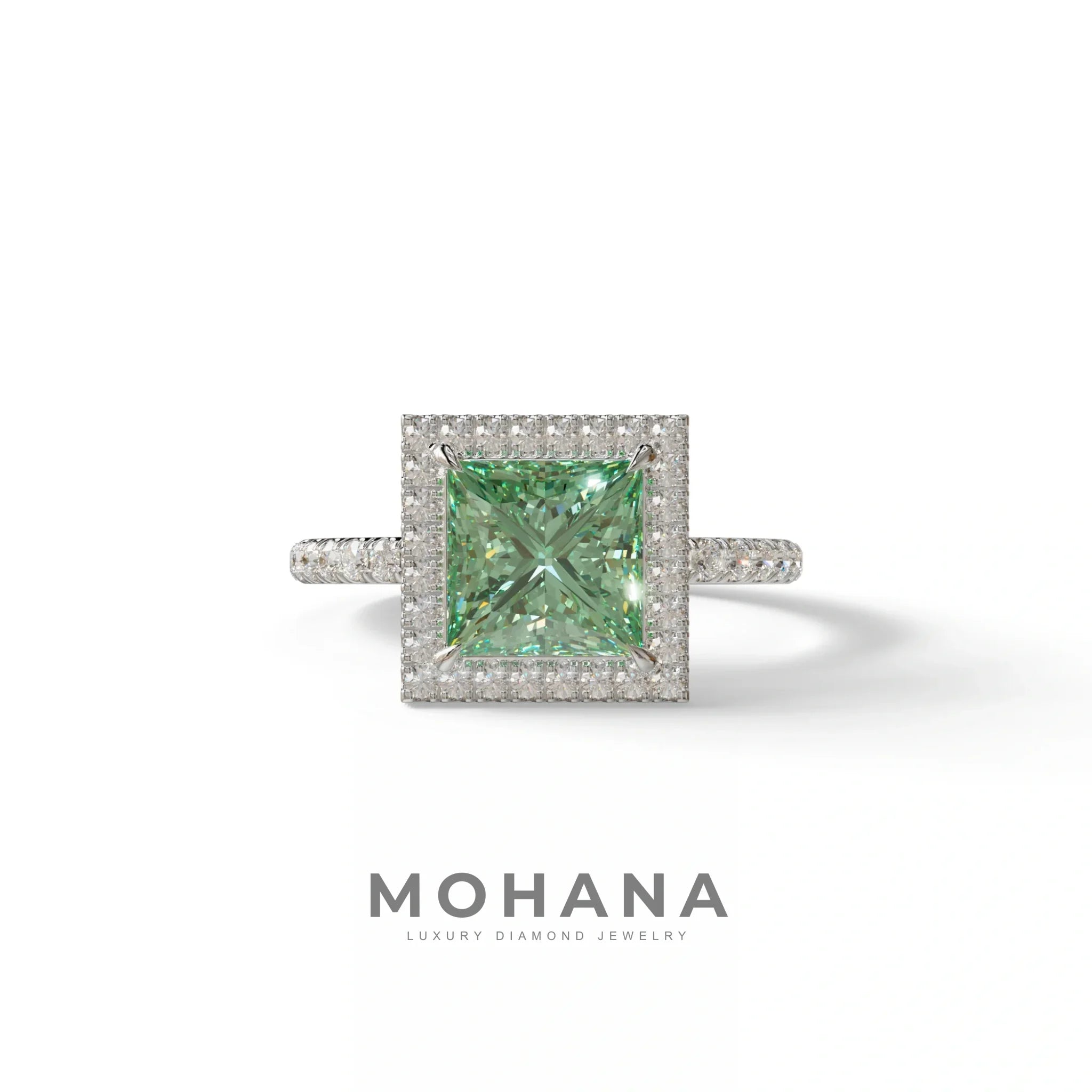 2 Carat Green Princess Cut Halo & Pave Lab Diamond Ring - Diamond Prime - 10K Solid Gold / White Gold