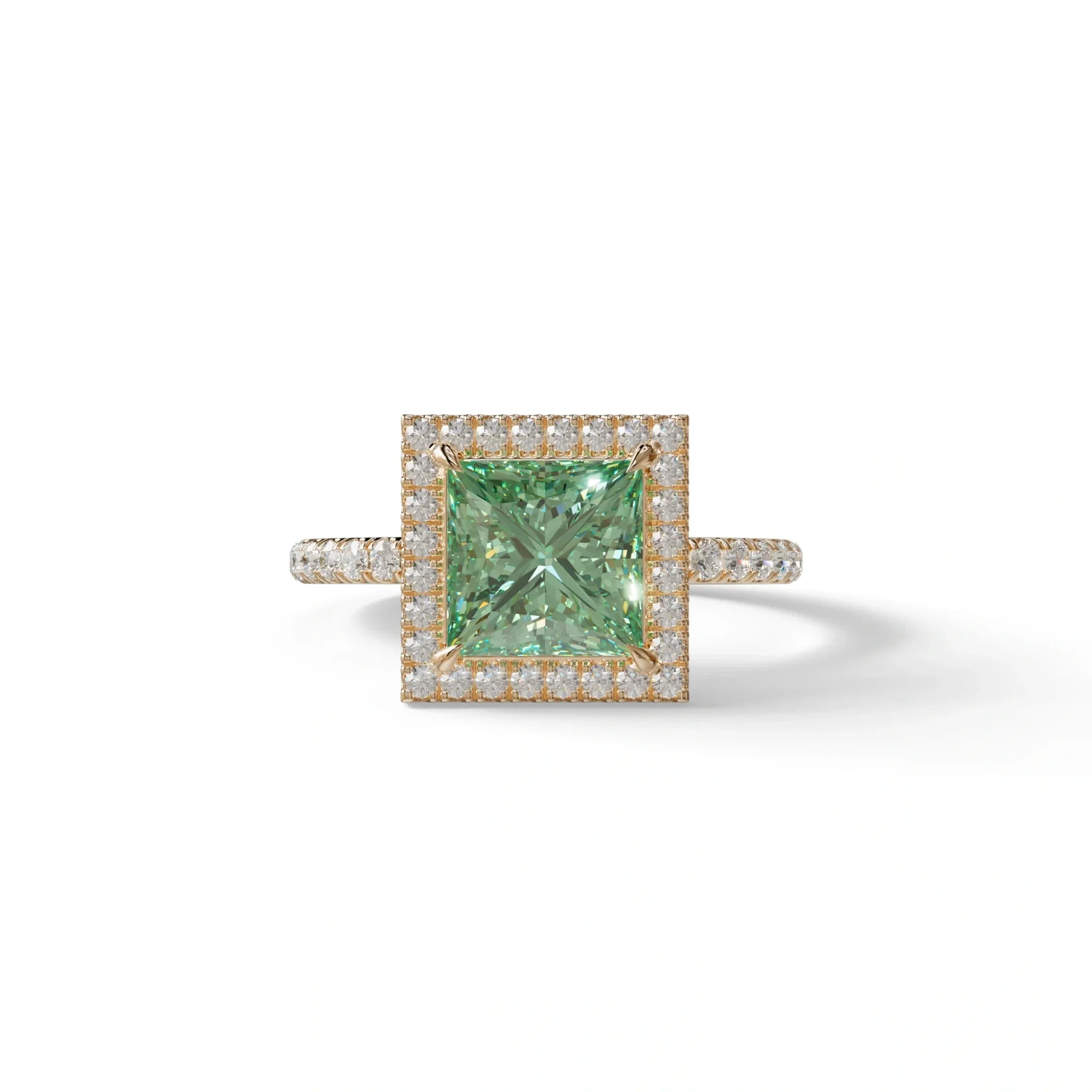 2 Carat Green Princess Cut Halo & Pave Lab Diamond Ring - Diamond Prime - 10K Solid Gold / Yellow Gold