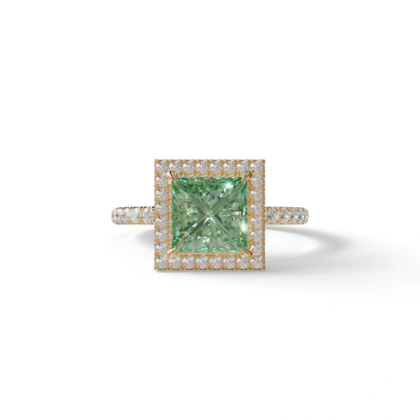 2 Carat Green Lab Grown Diamond Engagement Ring – Princess Cut Halo & Pavé | Prime