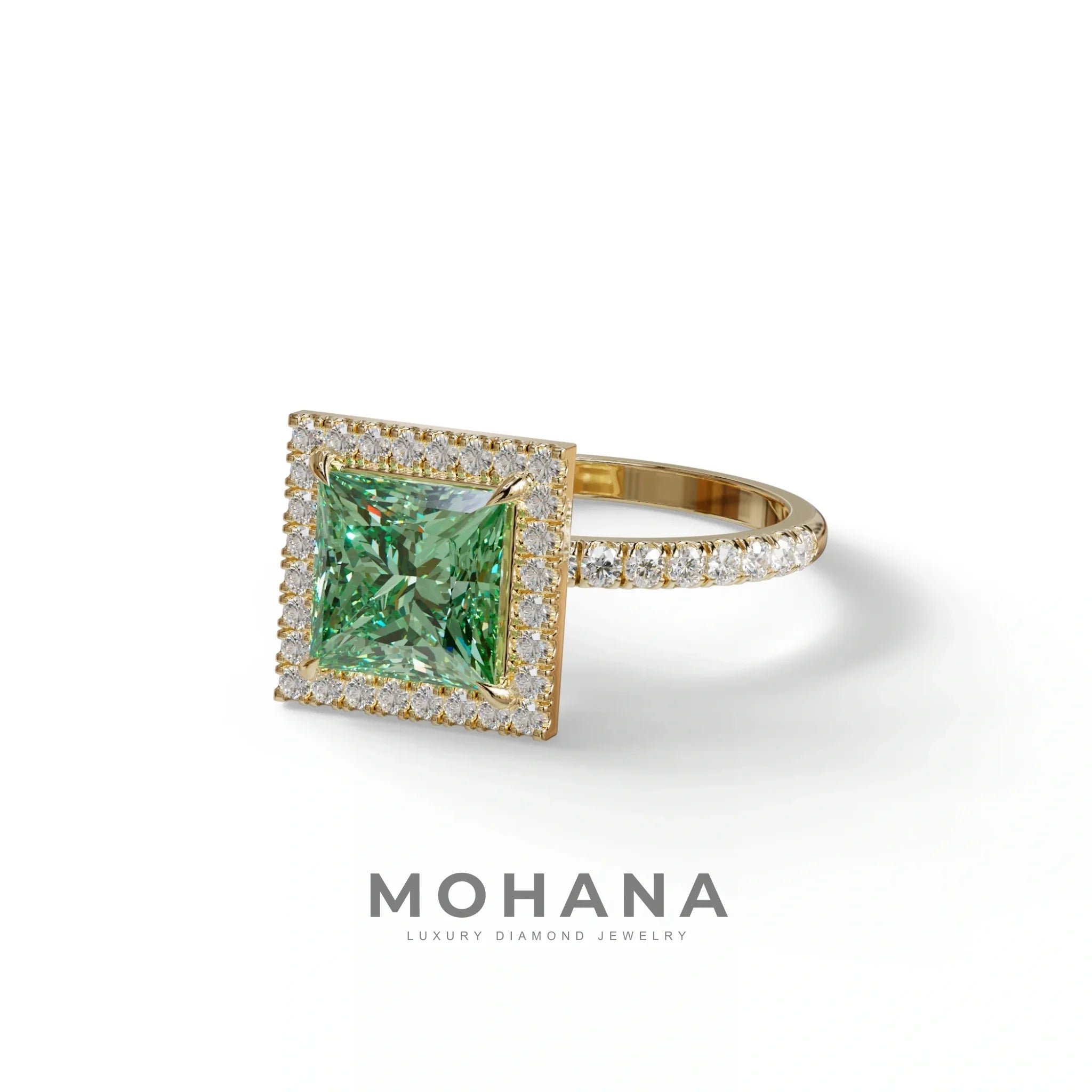 2 Carat Green Princess Cut Halo & Pave Lab Diamond Ring - Diamond Prime