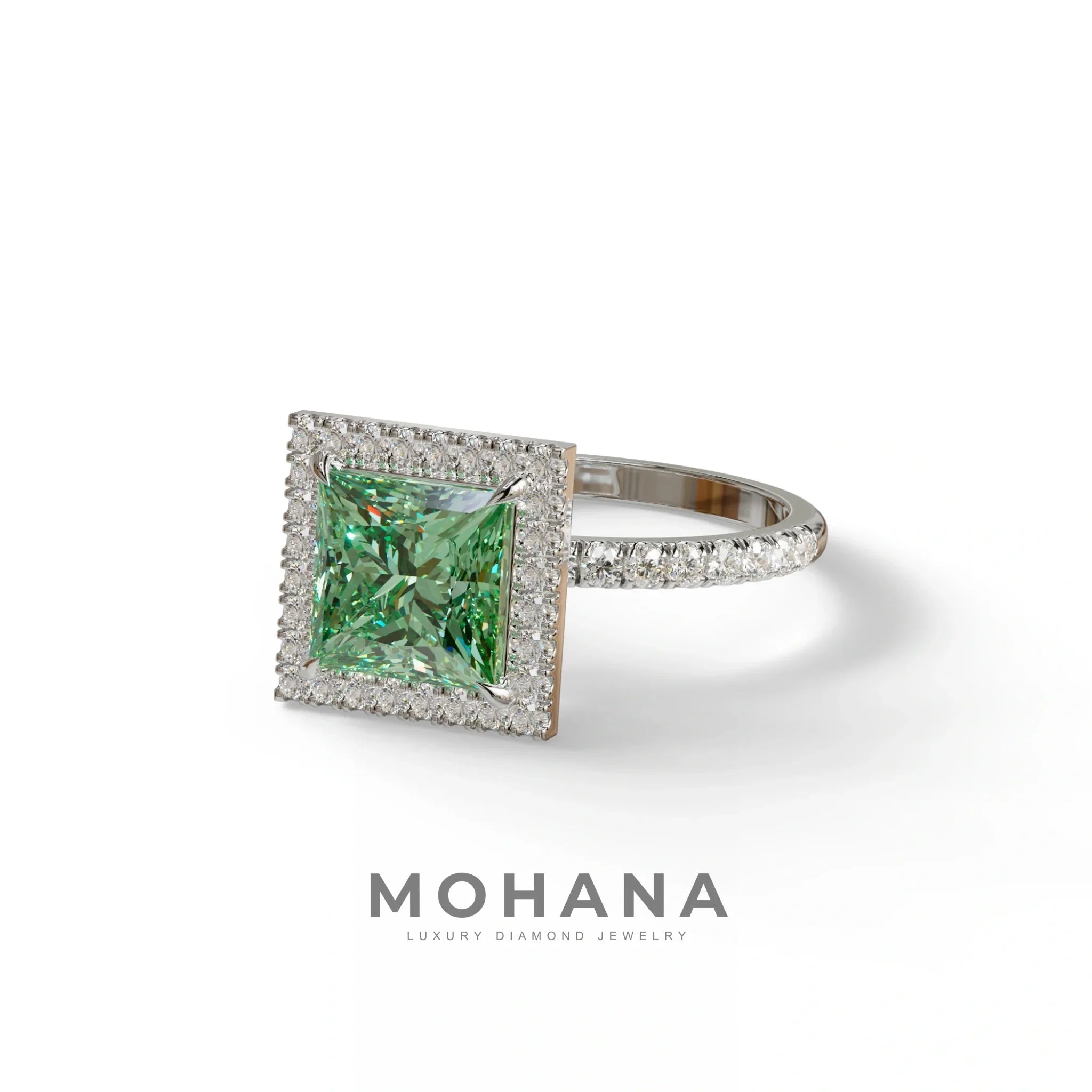 2 Carat Green Princess Cut Halo & Pave Lab Diamond Ring - Diamond Prime