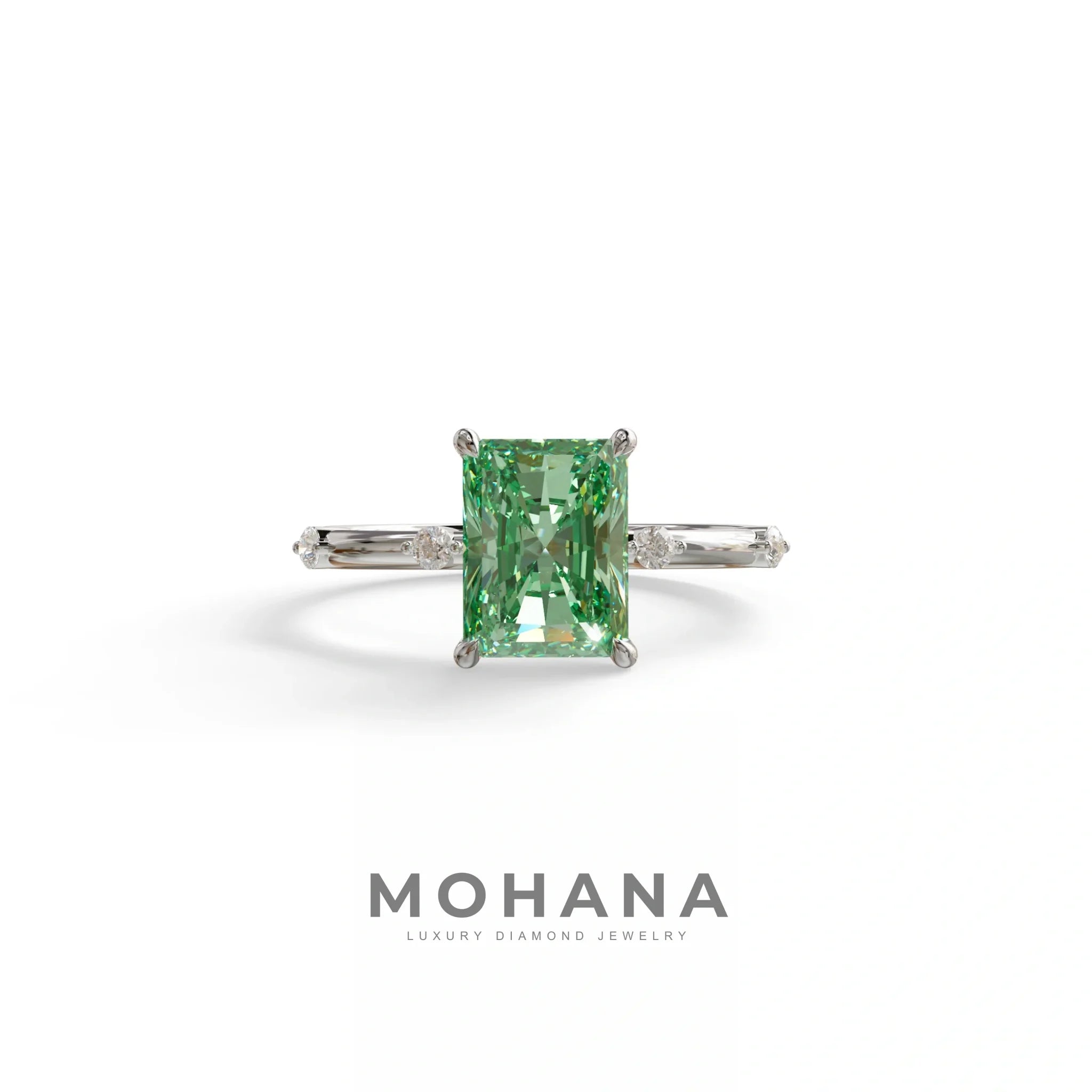 2 Ct Fancy Vivid Green Radiant Cut Lab Grown Diamond Engagement Ring | Space-Chanel Setting - Elaria - 10K Solid Gold
