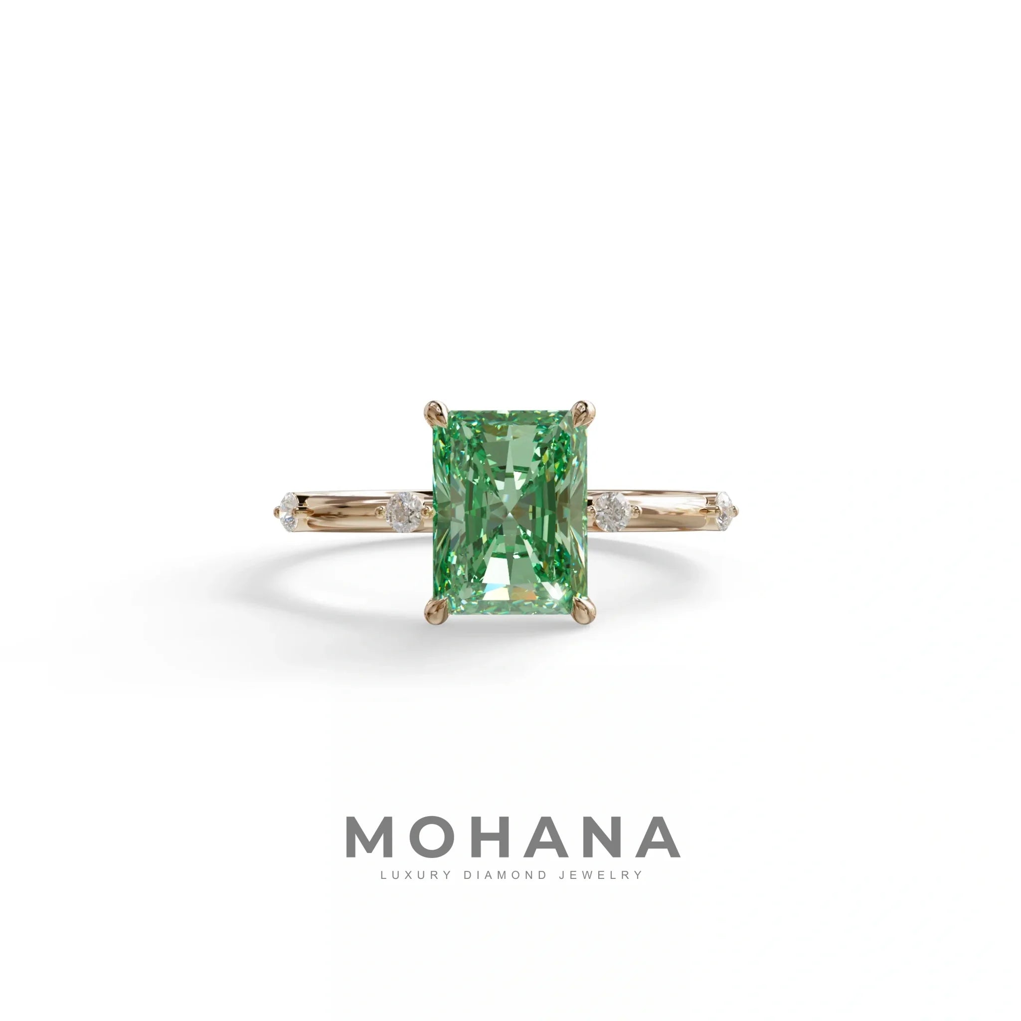 2 Ct Fancy Vivid Green Radiant Cut Lab Grown Diamond Engagement Ring | Space-Chanel Setting - Elaria - 10K Solid Gold