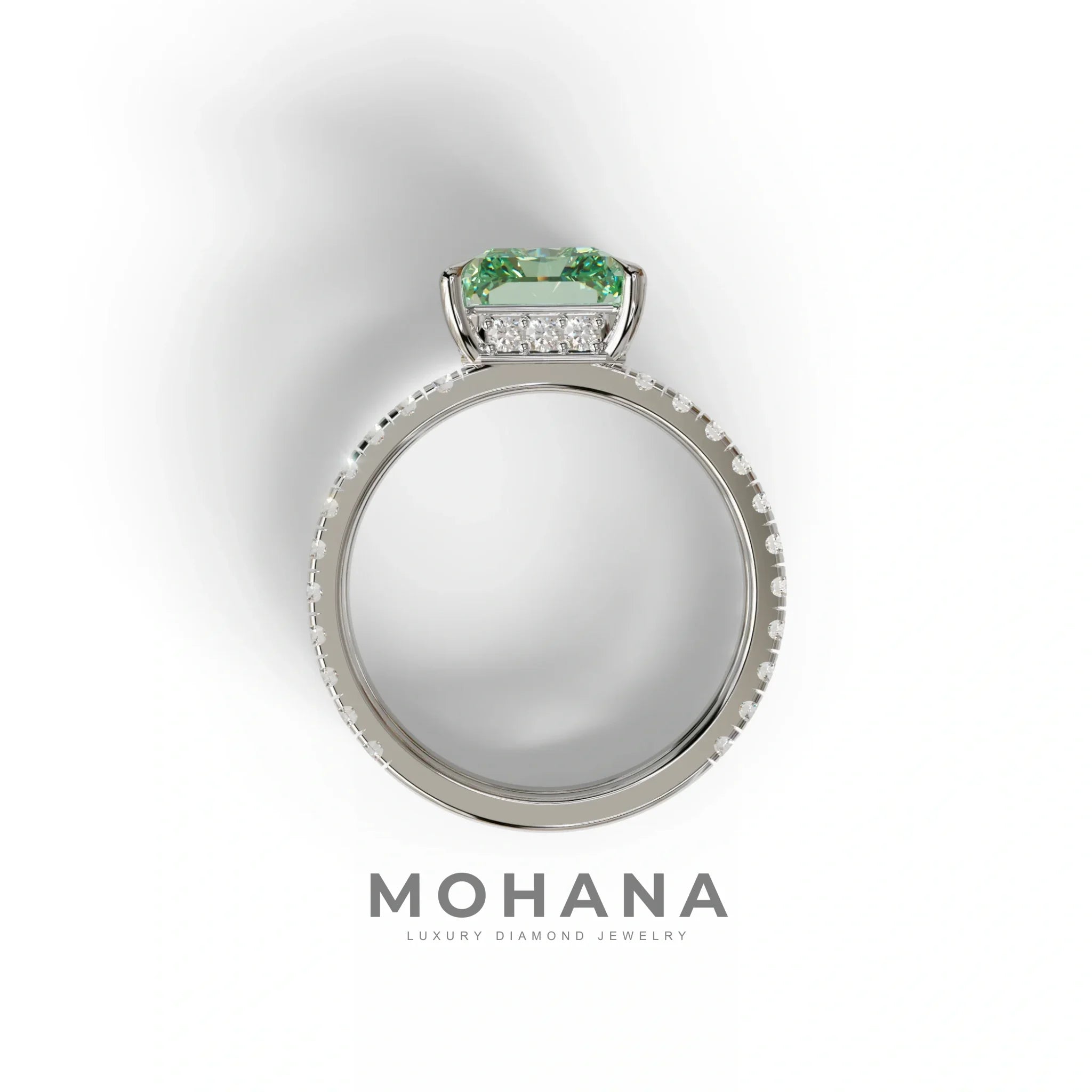 Green Color Radiant Cut Lab Diamond Engagement Ring | Double Band Hidden Halo - Billie