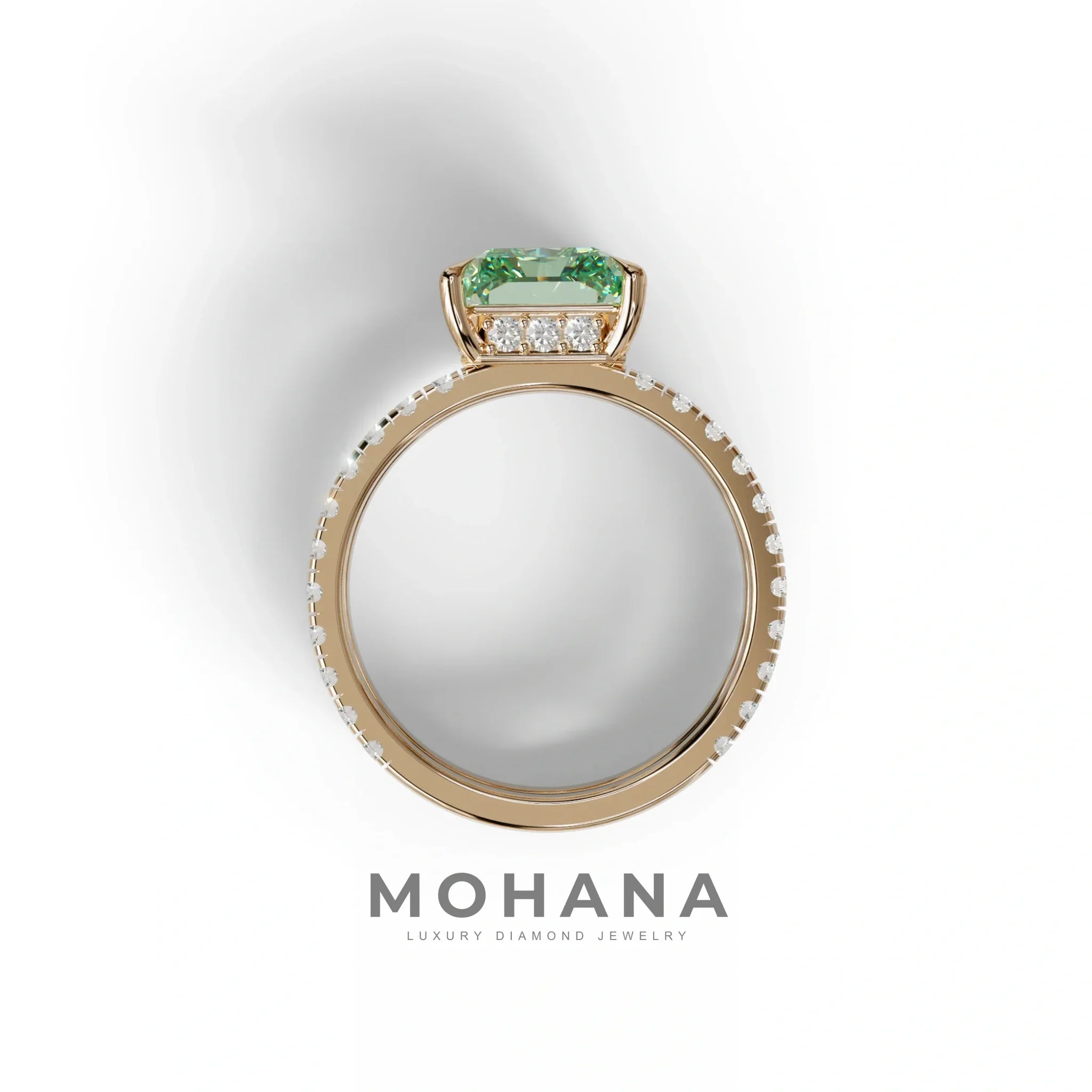 Green Color Radiant Cut Lab Diamond Engagement Ring | Double Band Hidden Halo - Billie