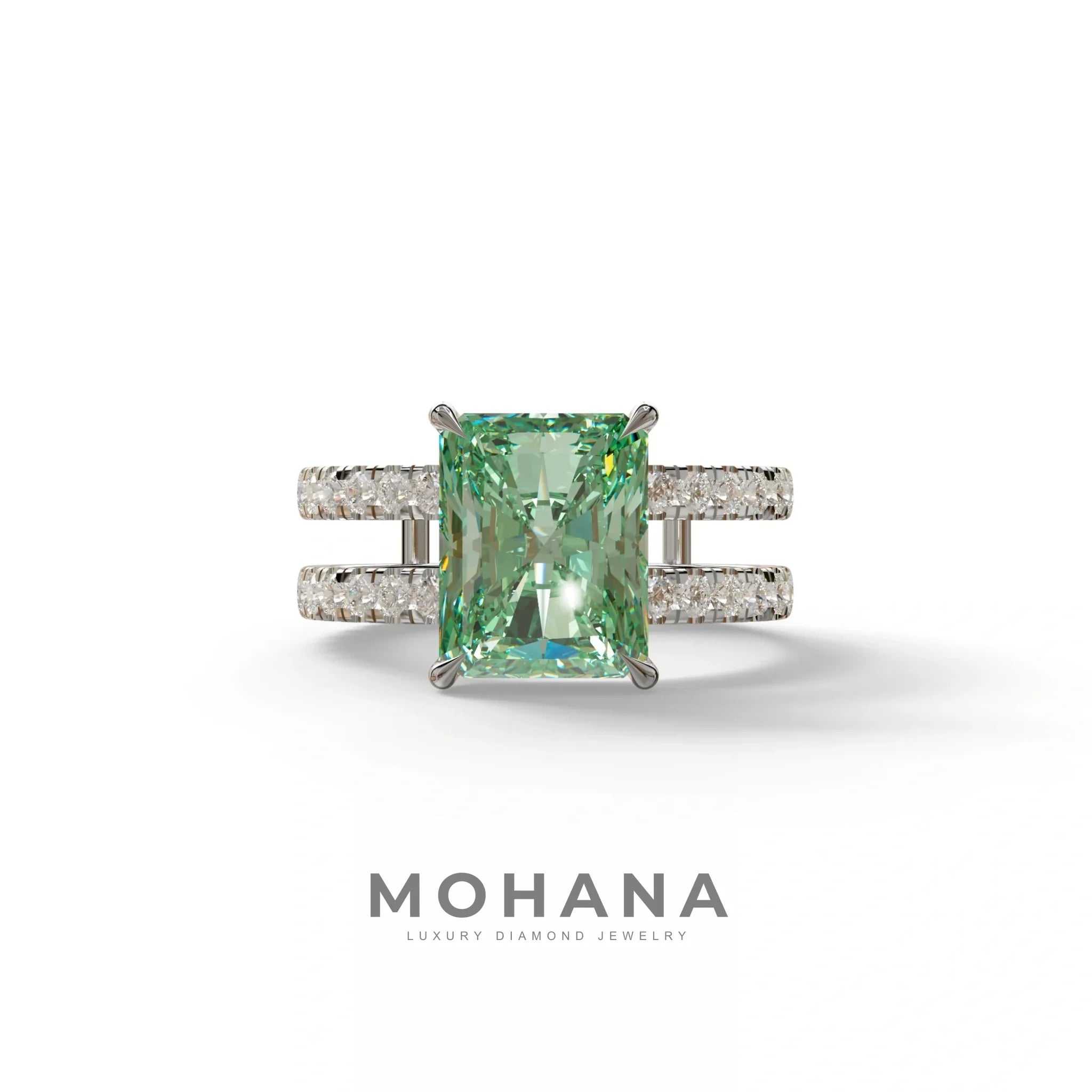 Green Color Radiant Cut Lab Diamond Engagement Ring | Double Band Hidden Halo - Billie - 10K Solid Gold / White Gold