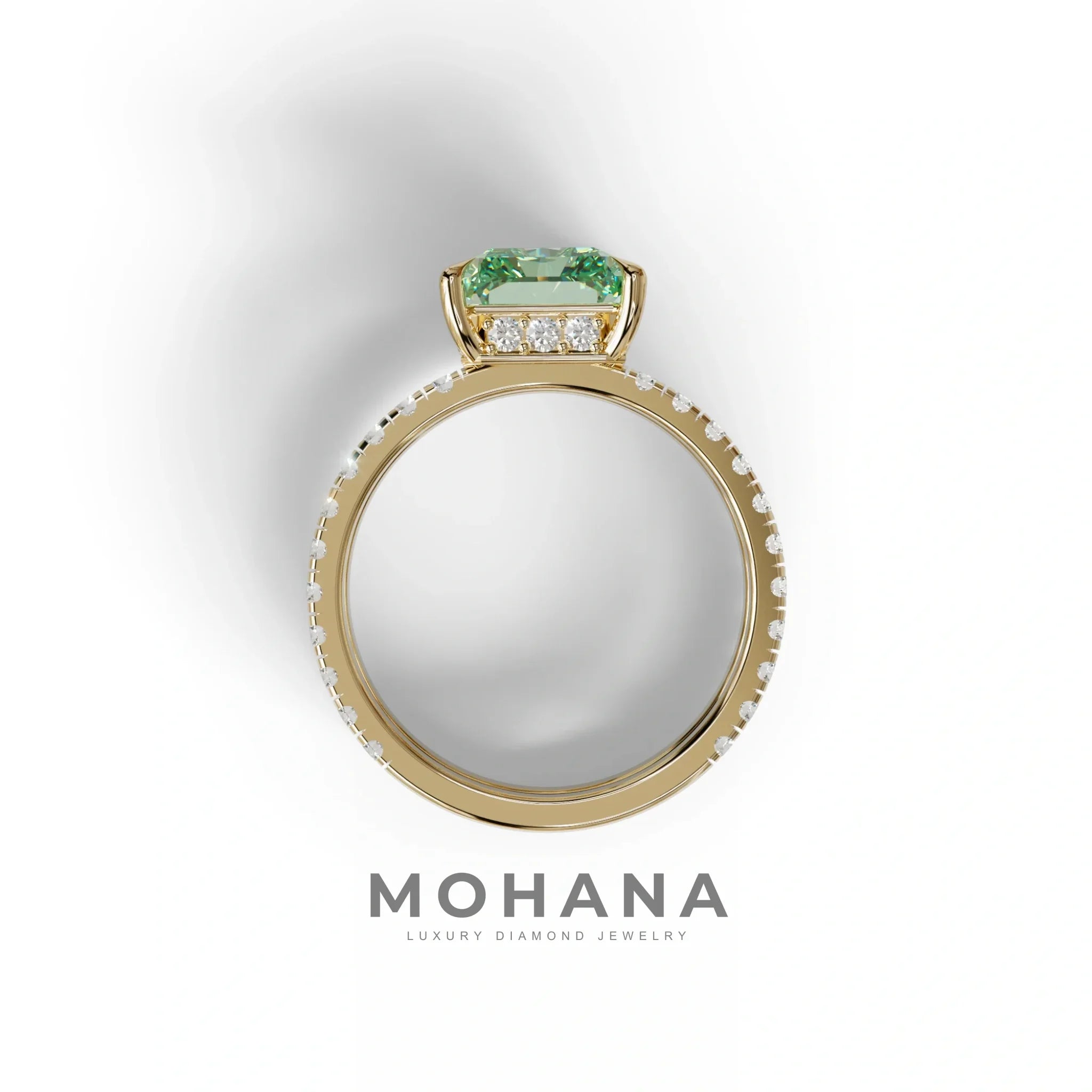 Green Color Radiant Cut Lab Diamond Engagement Ring | Double Band Hidden Halo - Billie