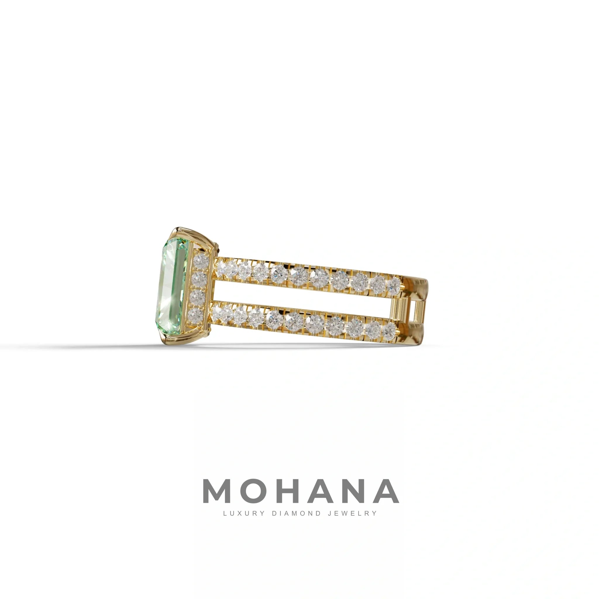 Green Color Radiant Cut Lab Diamond Engagement Ring | Double Band Hidden Halo - Billie