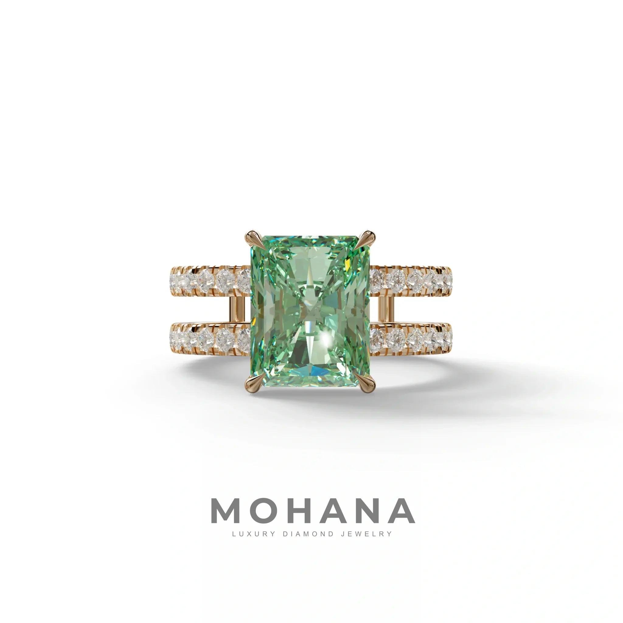 Green Color Radiant Cut Lab Diamond Engagement Ring | Double Band Hidden Halo - Billie - 10K Solid Gold / Rose Gold