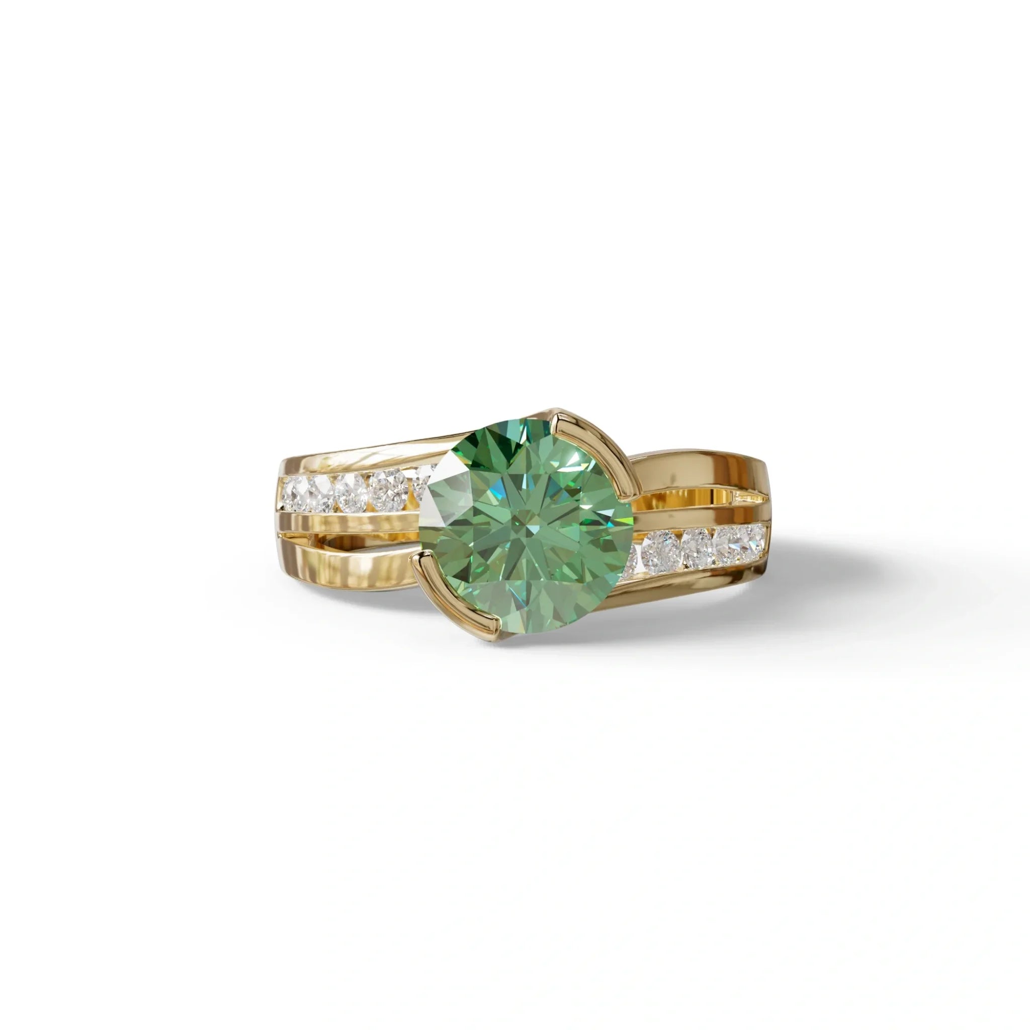 2 Carat Green Round Shaped Channel Set Lab Diamond Engagement Ring - Avonlea - 10K Solid Gold / Yellow Gold