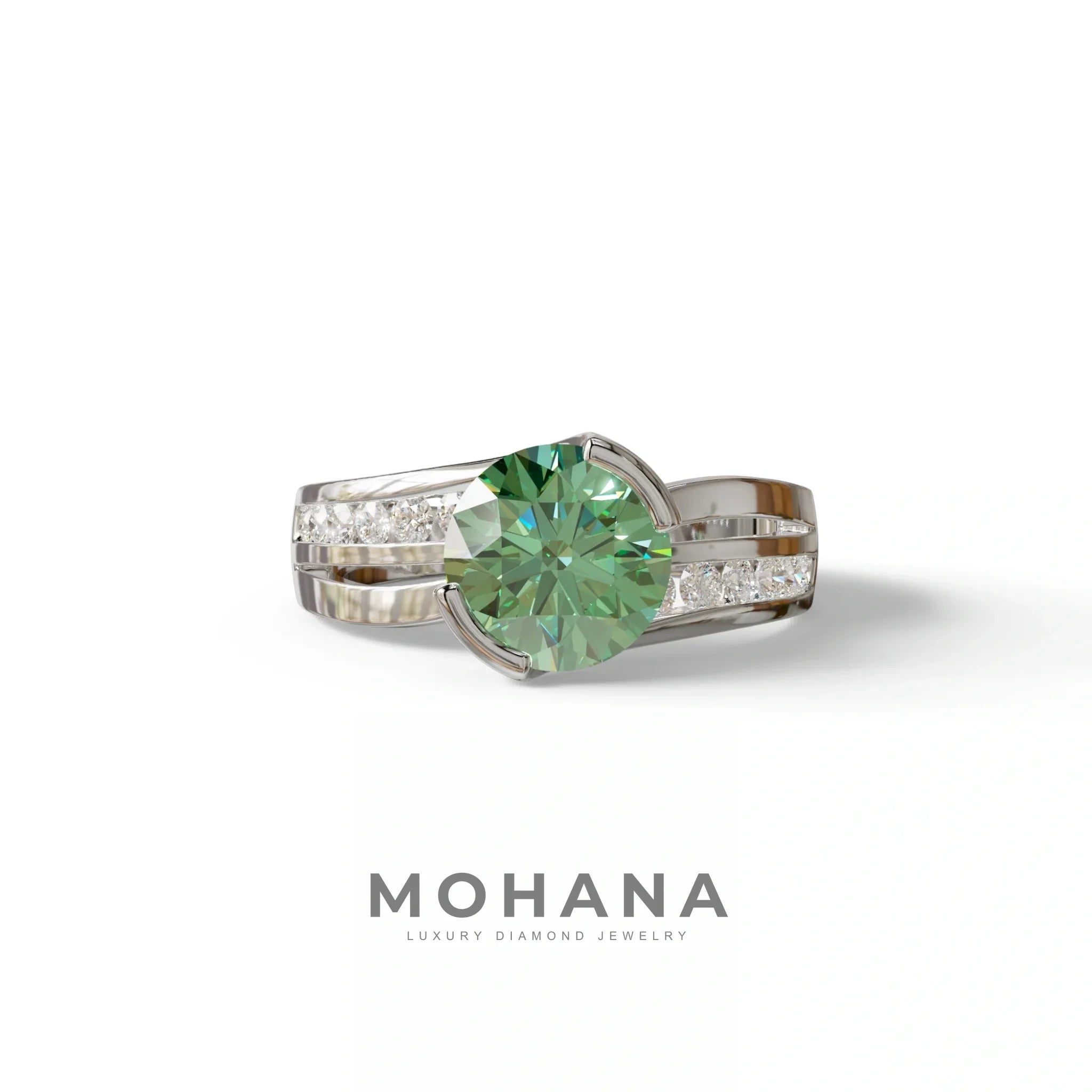2 Carat Green Round Shaped Channel Set Lab Diamond Engagement Ring - Avonlea - 10K Solid Gold / White Gold