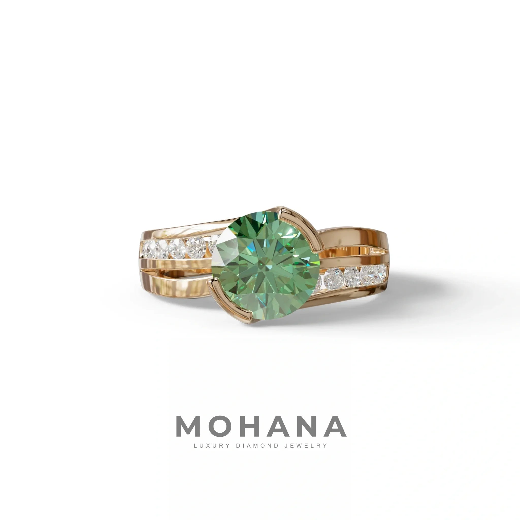 2 Carat Green Round Shaped Channel Set Lab Diamond Engagement Ring - Avonlea - 10K Solid Gold / Rose Gold