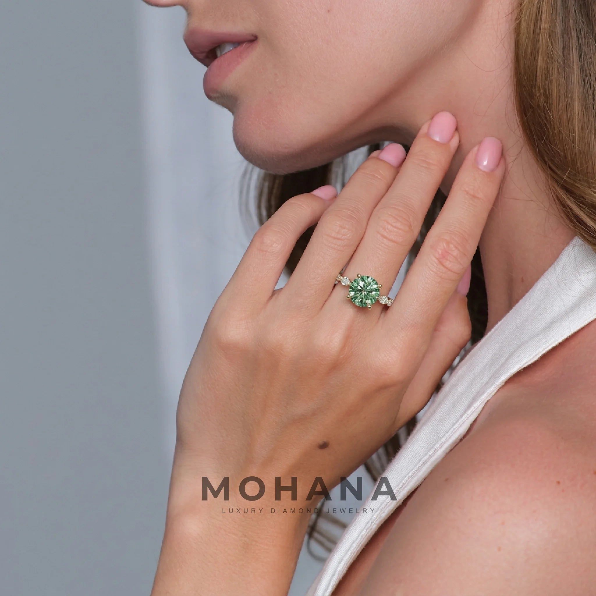 2 Carat Fancy Green Round Cut Hidden Halo Lab Grown Diamond Engagement Ring