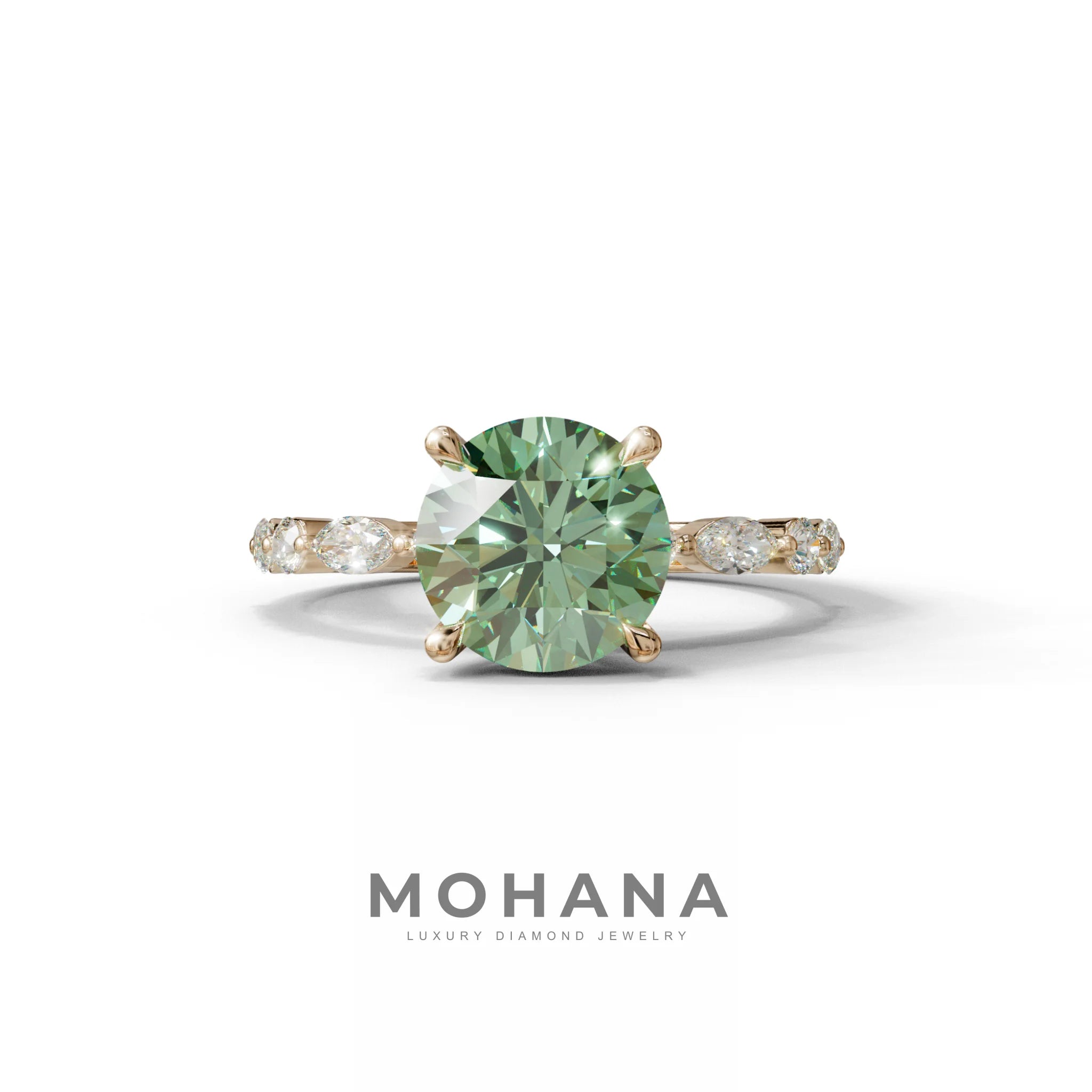 2 Carat Green Round Cut Hidden Halo & Pave Set Lab Diamond Ring - Pure Origin - 10K Solid Gold / Rose Gold
