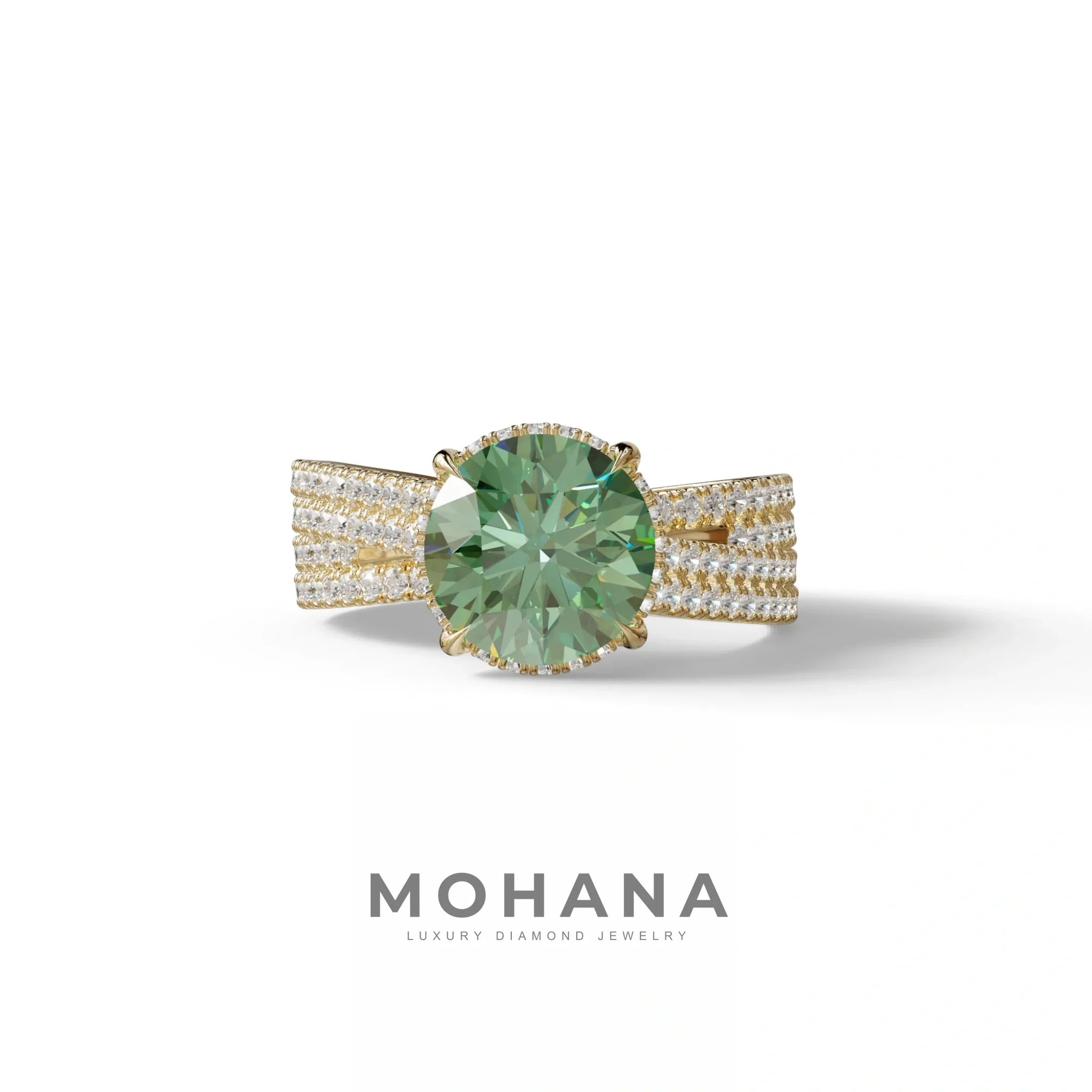 2 Carat Green Round Cut Hidden Halo Lab & Pave Lab Diamond Ring - Je t’aime - 10K Solid Gold / Yellow Gold
