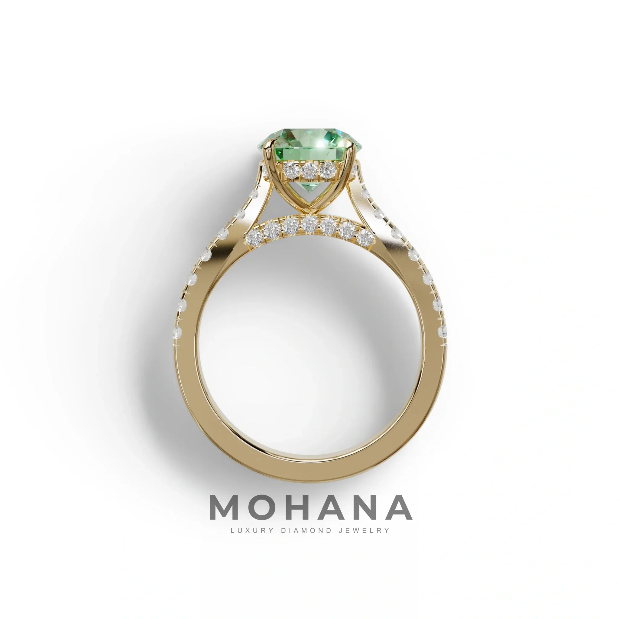 2 Carat Round Cut Green Lab Grown Diamond Engagement Ring | Hidden Halo & Pave - Brilliant