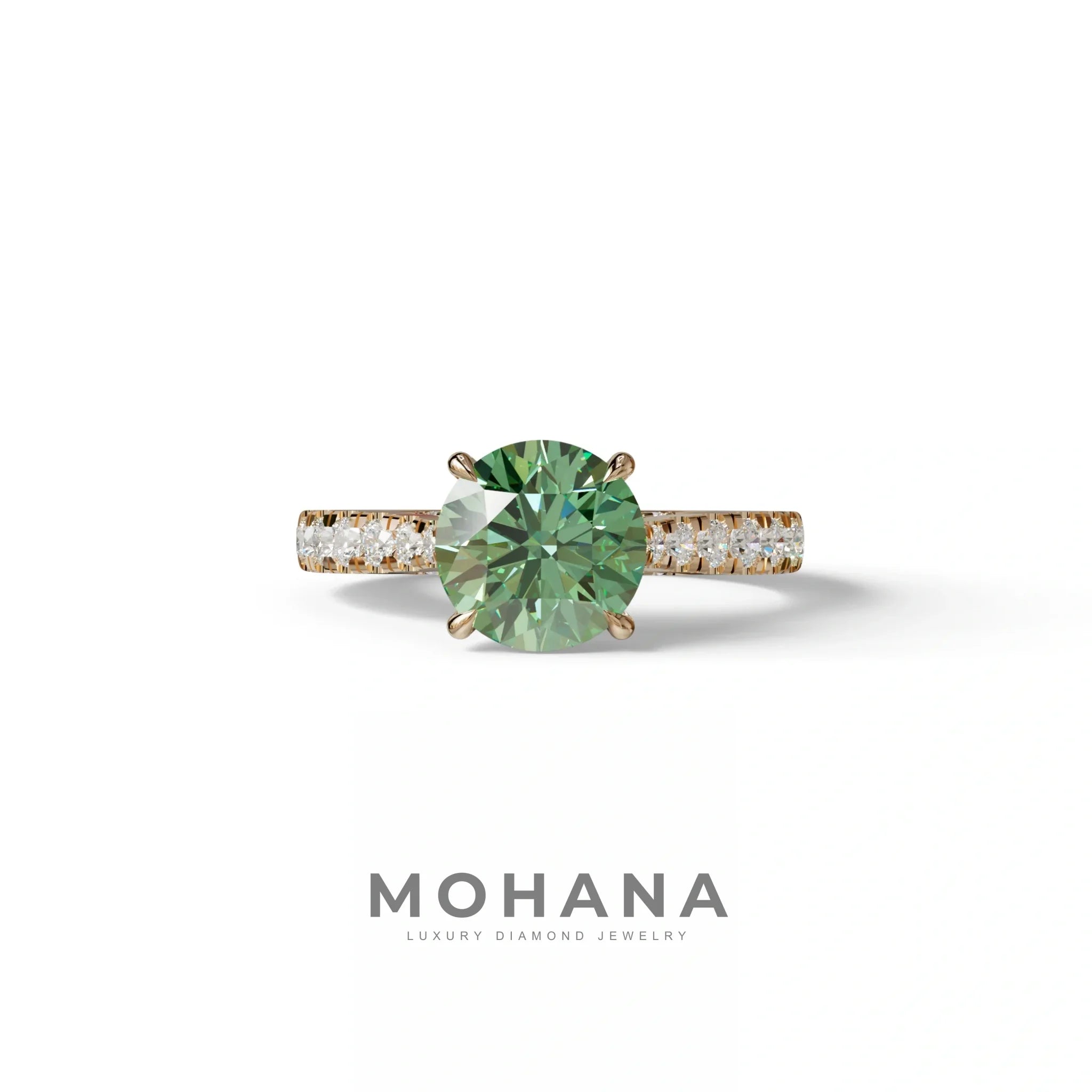 2 Carat Round Cut Green Lab Grown Diamond Engagement Ring | Hidden Halo & Pave - Brilliant - 10K Solid Gold / Rose Gold