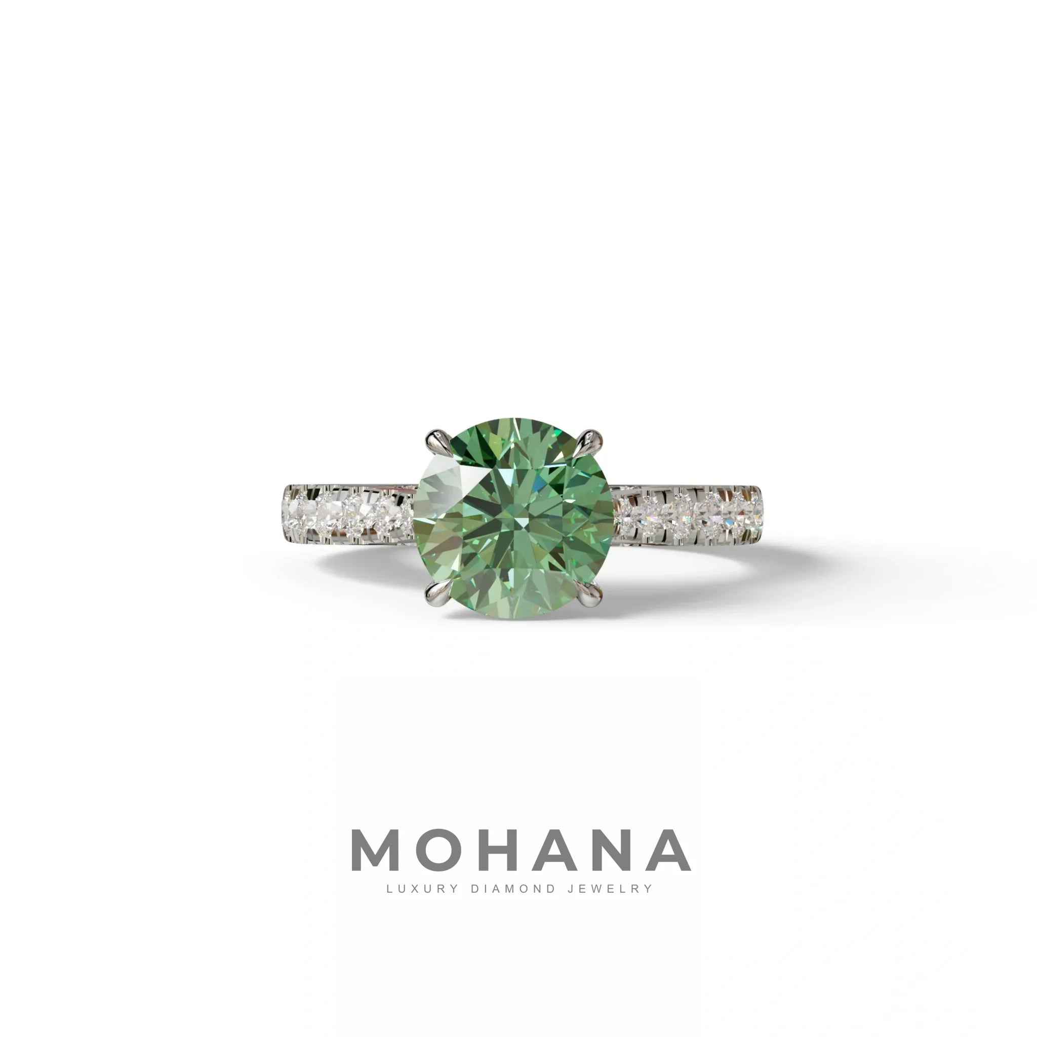 2 Carat Round Cut Green Lab Grown Diamond Engagement Ring | Hidden Halo & Pave - Brilliant - 10K Solid Gold / White Gold