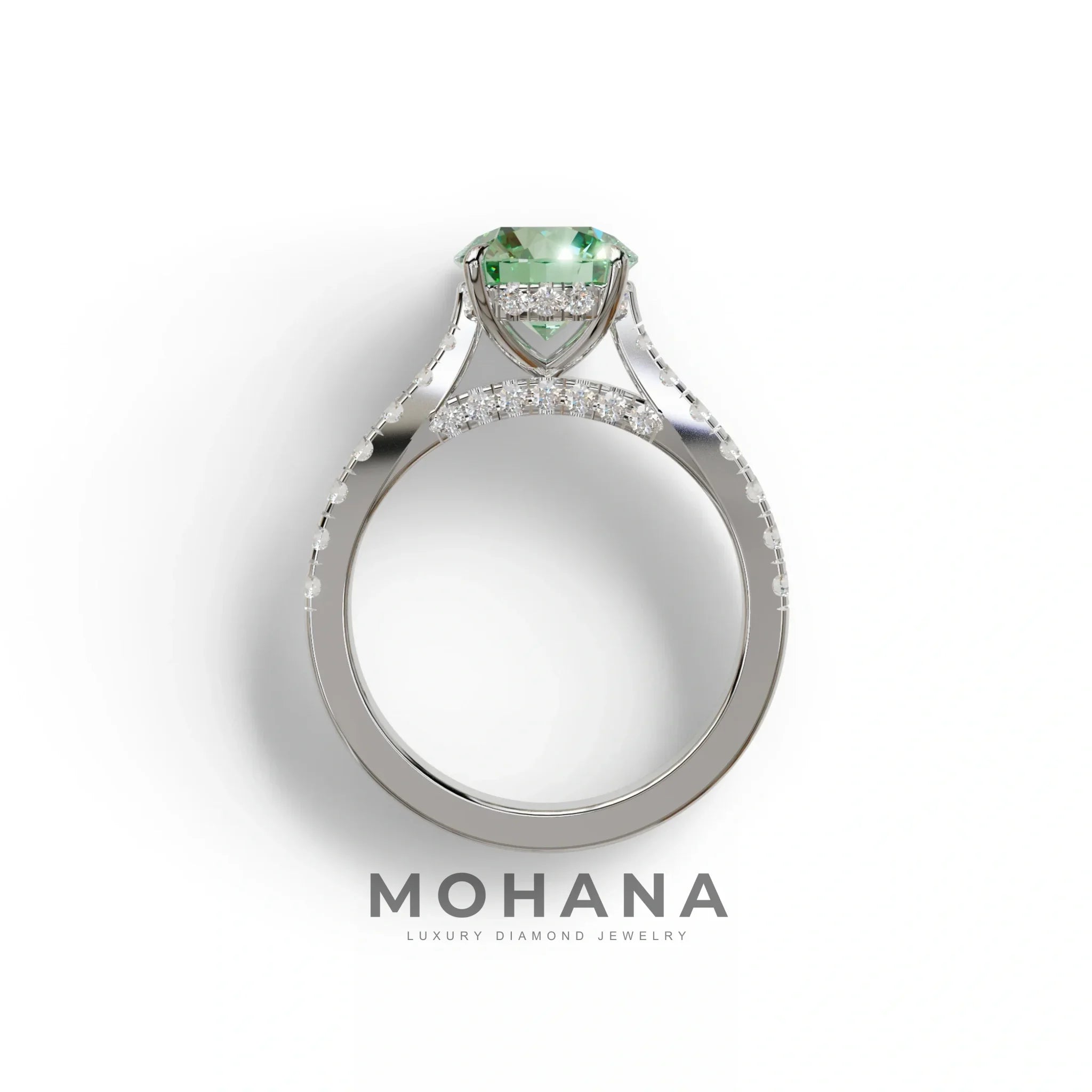 2 Carat Round Cut Green Lab Grown Diamond Engagement Ring | Hidden Halo & Pave - Brilliant