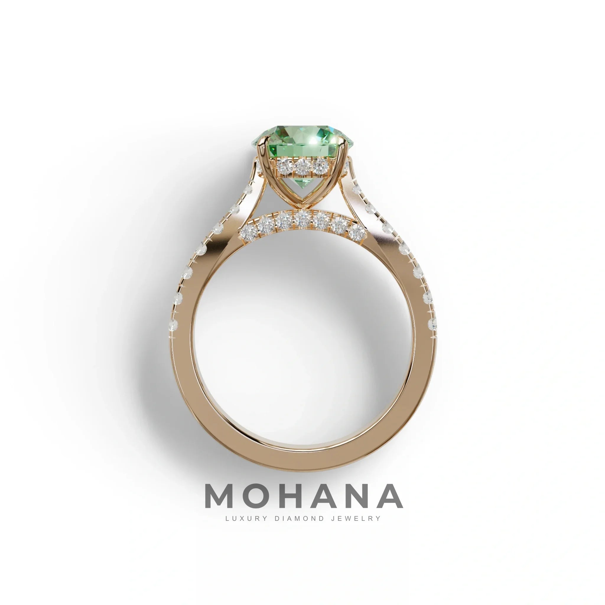 2 Carat Round Cut Green Lab Grown Diamond Engagement Ring | Hidden Halo & Pave - Brilliant