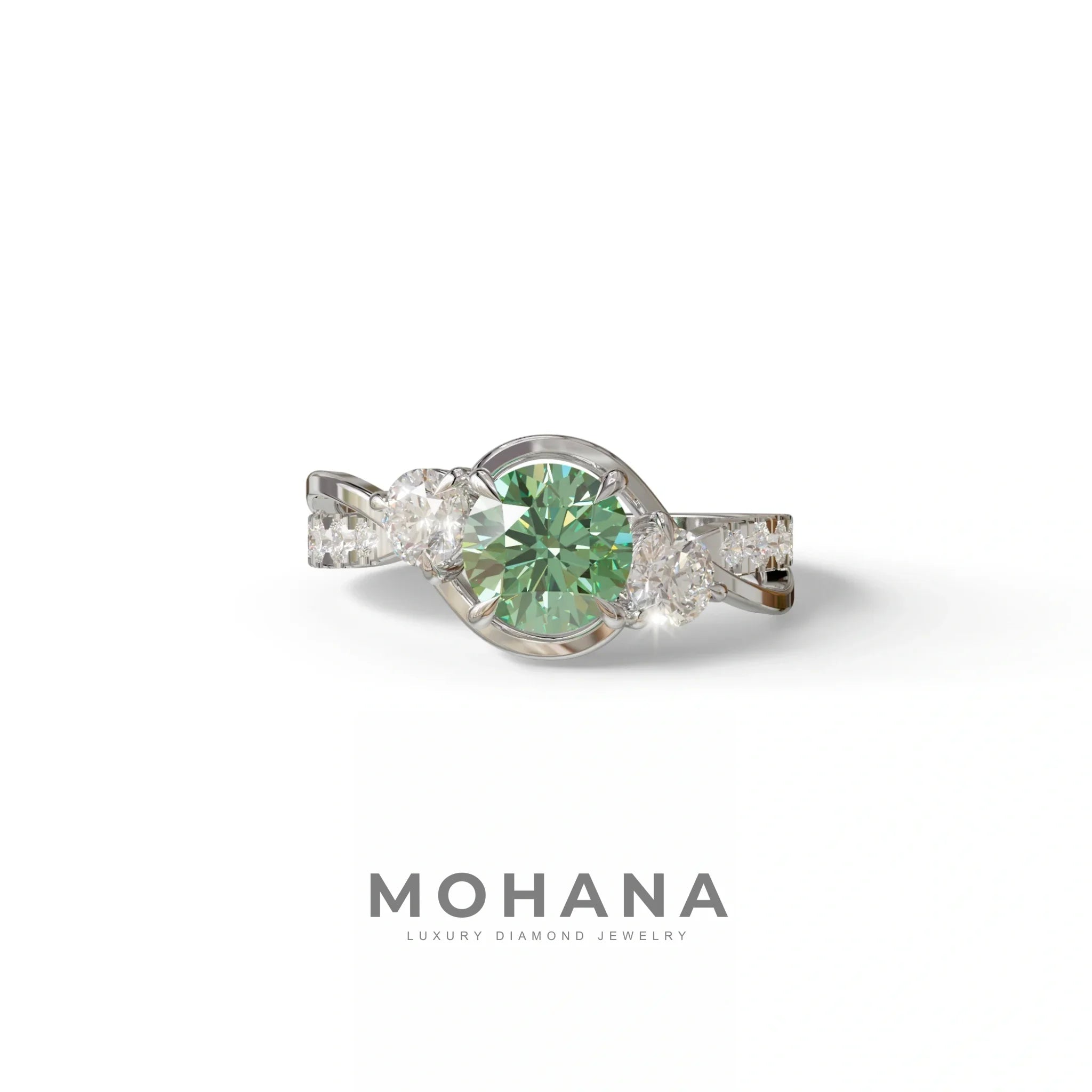 2 Carat Green Lab Grown Diamond Round Diamond Engagement Ring - Giverny - 10K Solid Gold / White Gold