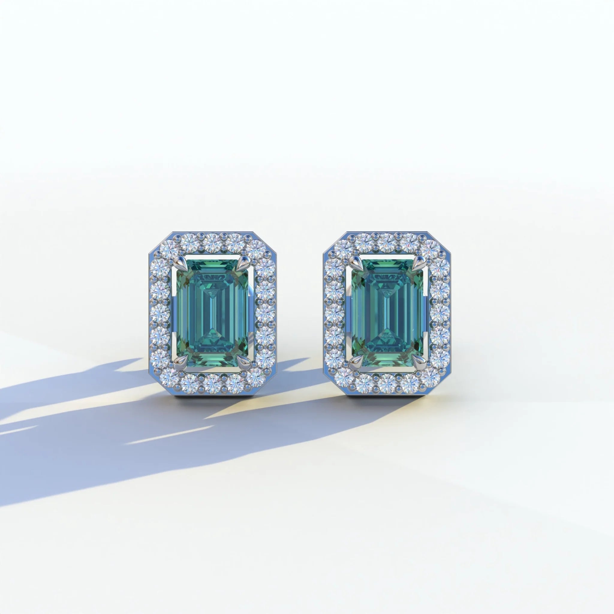 2 Carat Green Emerald Cut Halo Setting Lab Diamond Stud Earrings - Hailey - 10K Solid Gold / White Gold