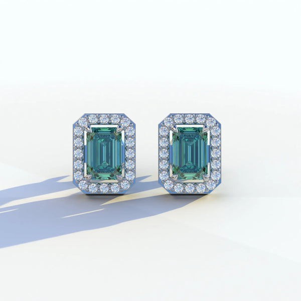 2 Carat Green Lab Grown Diamond Stud Earrings – Emerald Cut Halo | Hailey