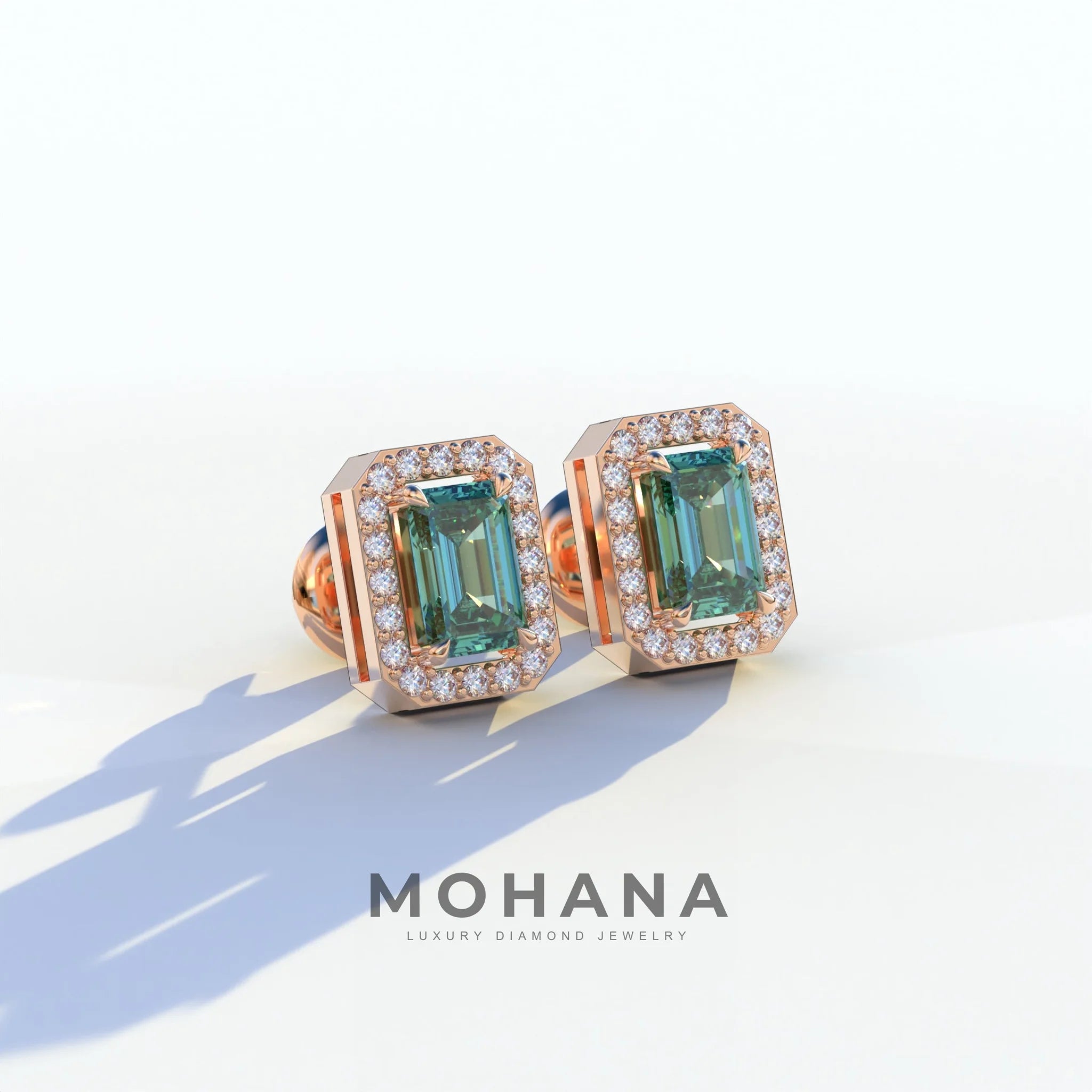 2 Carat Green Emerald Cut Halo Setting Lab Diamond Stud Earrings - Hailey