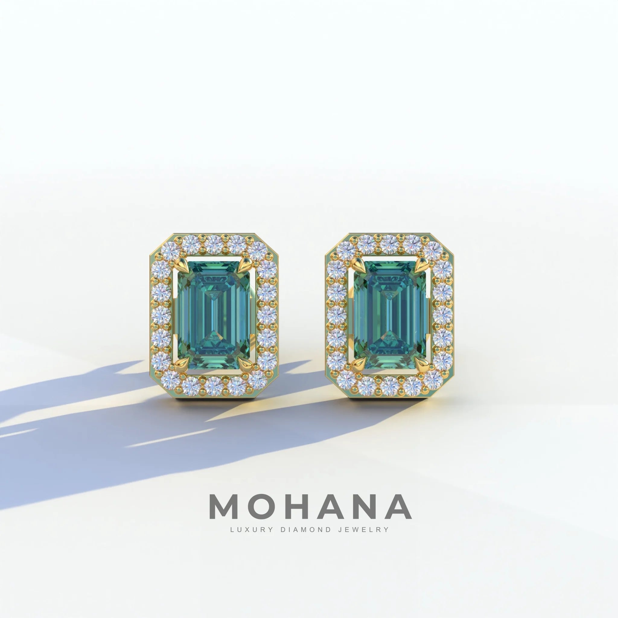 2 Carat Green Emerald Cut Halo Setting Lab Diamond Stud Earrings - Hailey - 10K Solid Gold / Yellow Gold