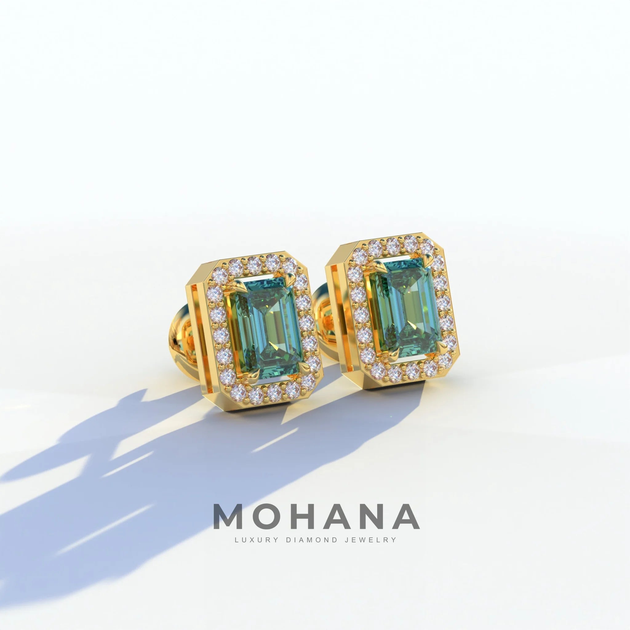2 Carat Green Emerald Cut Halo Setting Lab Diamond Stud Earrings - Hailey