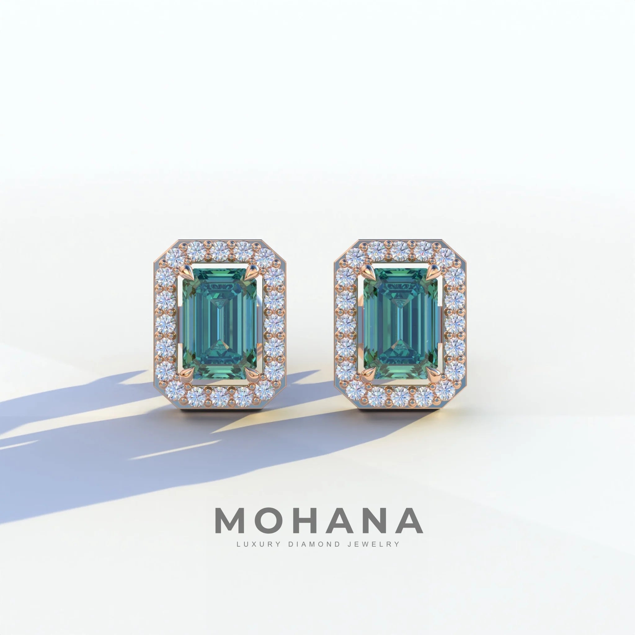 2 Carat Green Emerald Cut Halo Setting Lab Diamond Stud Earrings - Hailey - 10K Solid Gold / Rose Gold