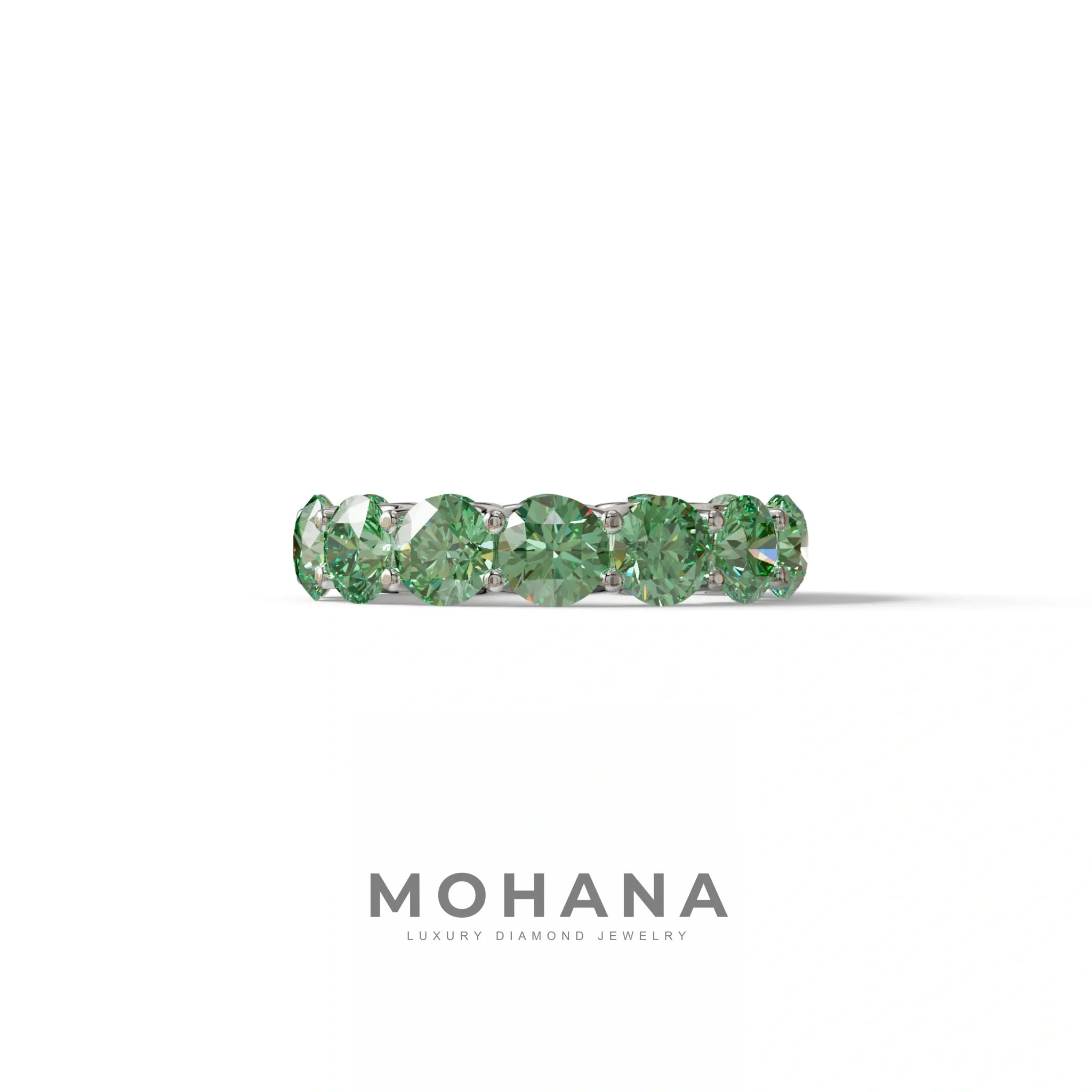 Green Round Brilliant Diamond Full Eternity Band in 18k Yellow Gold – Scalloped U-Prong Setting - 10K Solid Gold