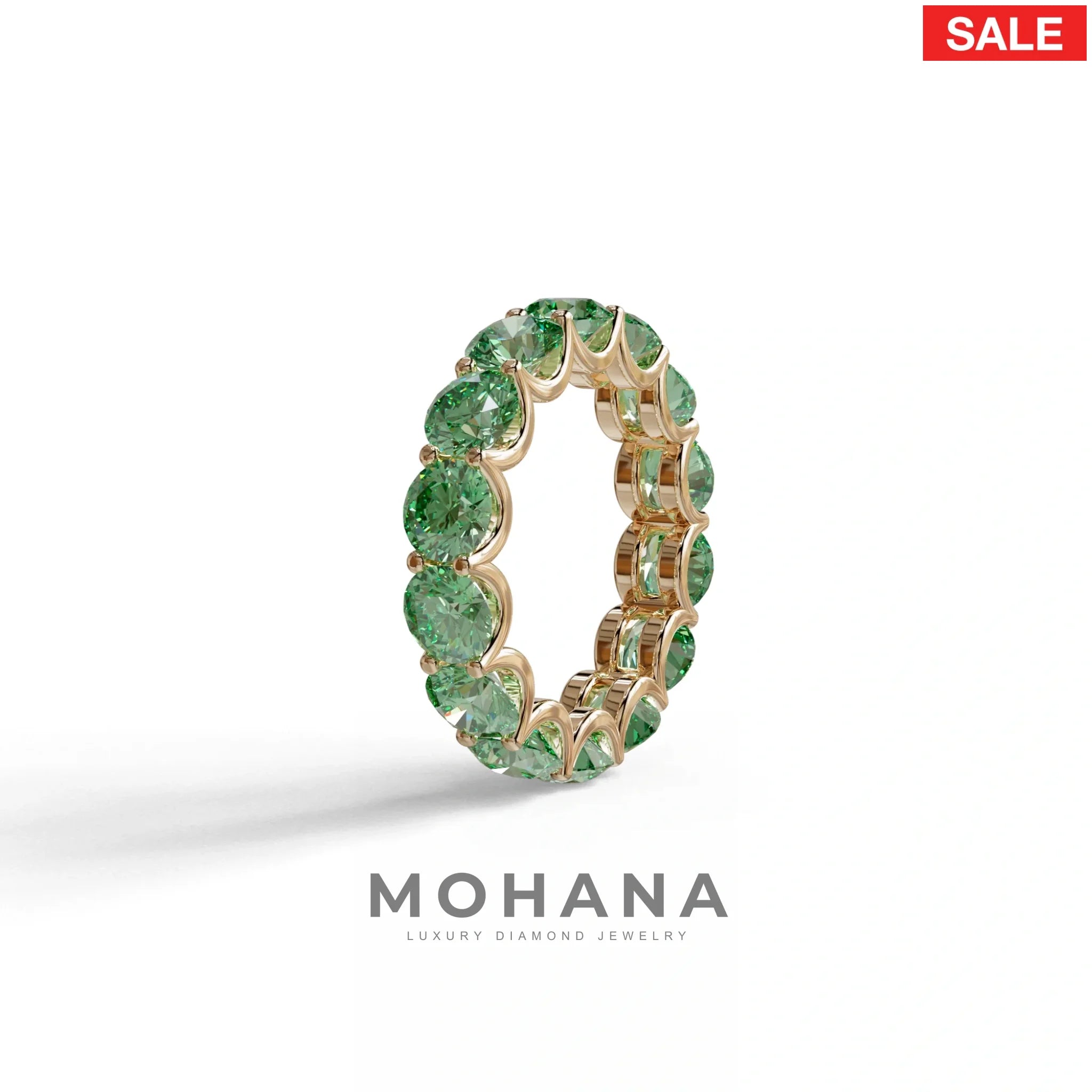 Green Round Brilliant Diamond Full Eternity Band in 18k Yellow Gold – Scalloped U-Prong Setting