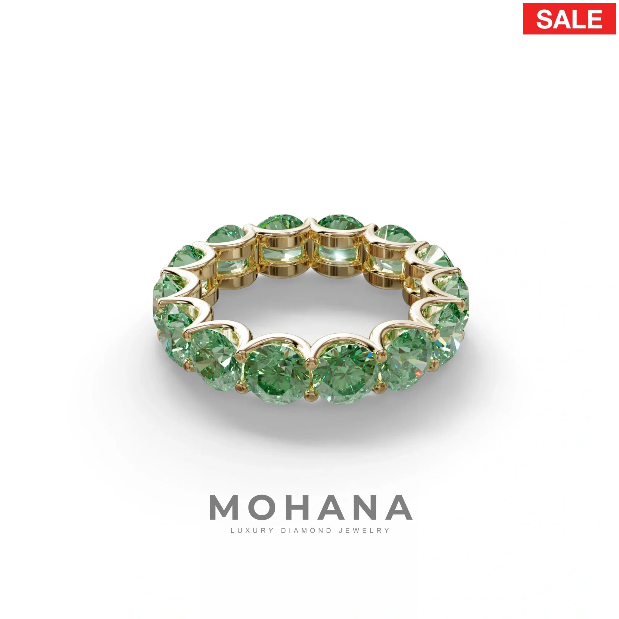 Green Round Brilliant Diamond Full Eternity Band in 18k Yellow Gold – Scalloped U-Prong Setting