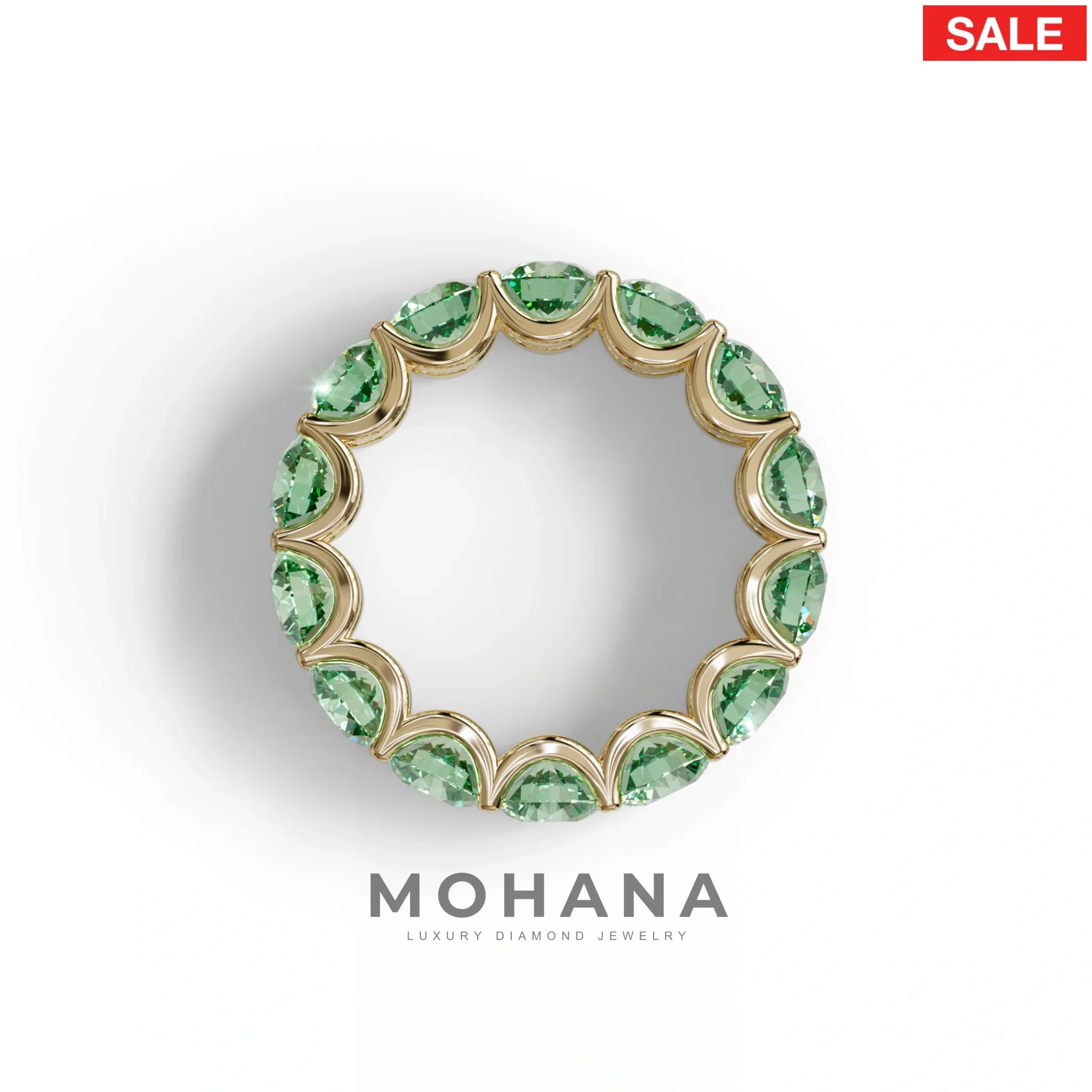 Green Round Brilliant Diamond Full Eternity Band in 18k Yellow Gold – Scalloped U-Prong Setting