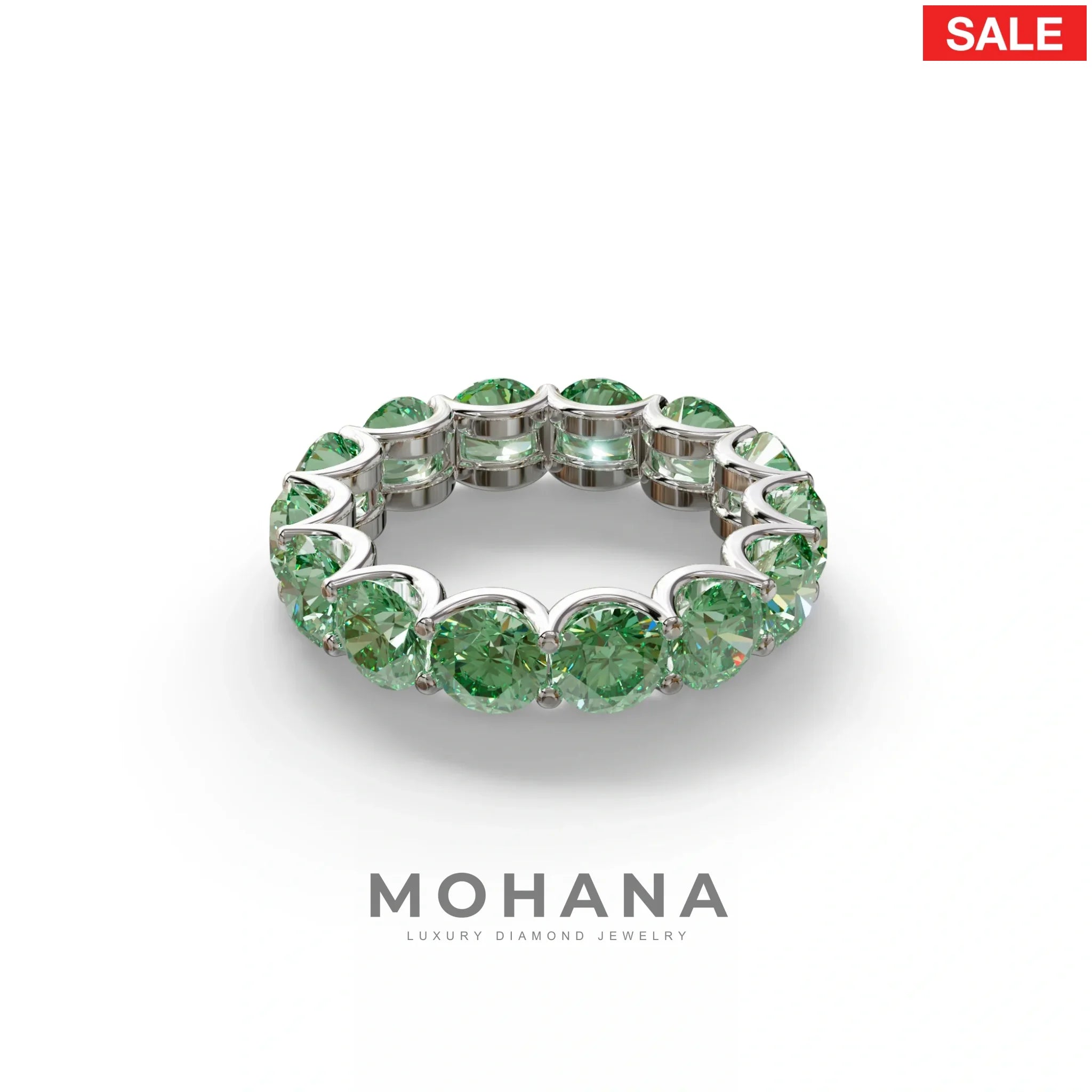 Green Round Brilliant Diamond Full Eternity Band in 18k Yellow Gold – Scalloped U-Prong Setting