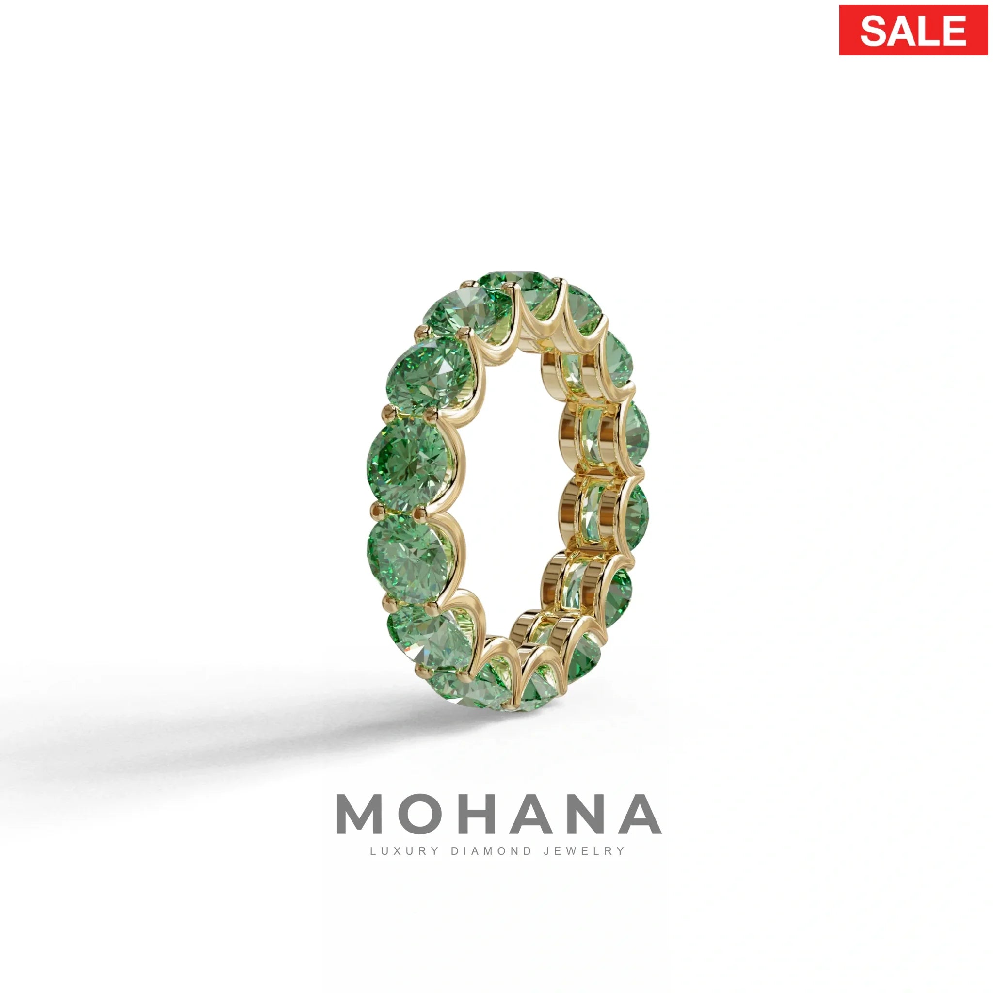 Green Round Brilliant Diamond Full Eternity Band in 18k Yellow Gold – Scalloped U-Prong Setting