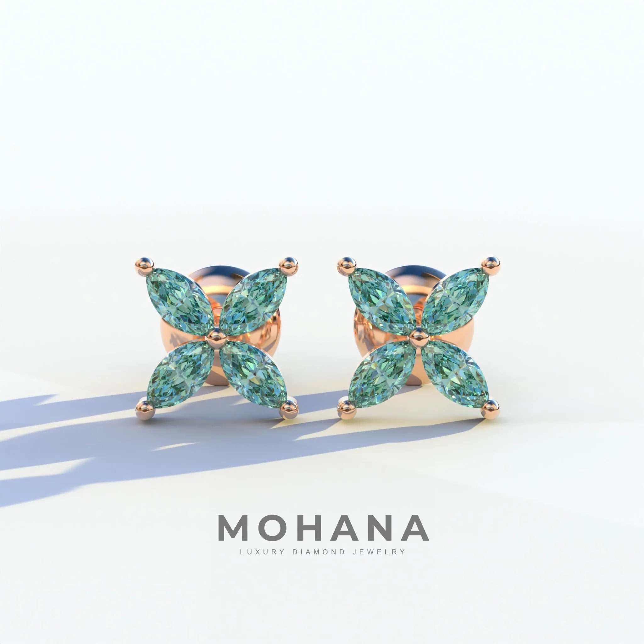 2 Carat Green Marquise Cut Lab Grown Diamond Stud Earrings - Maria Tash - 10K Solid Gold / Rose Gold