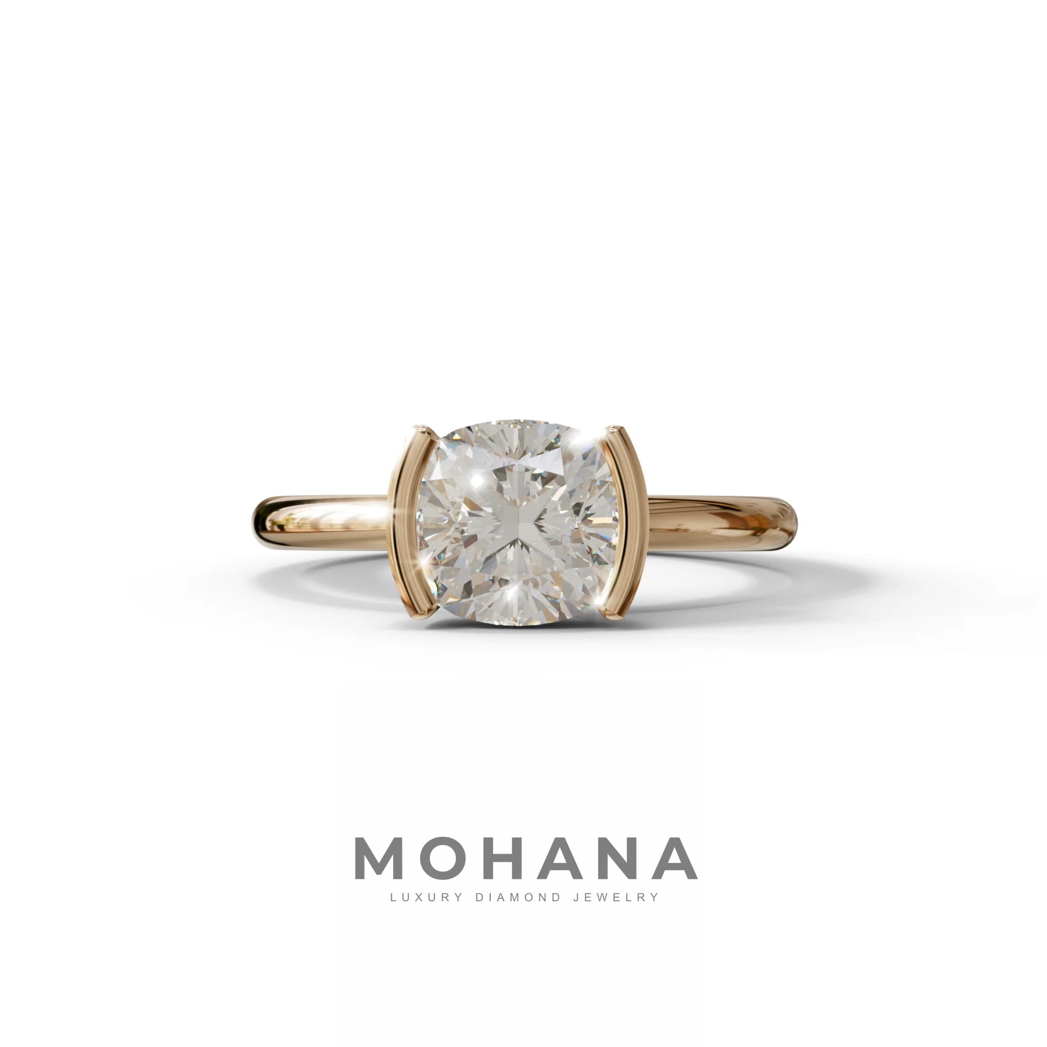 2 Carat E VVS Cushion Diamond Ring - Half Bezel Set Ring - Remi - 10K Solid Gold / Rose Gold