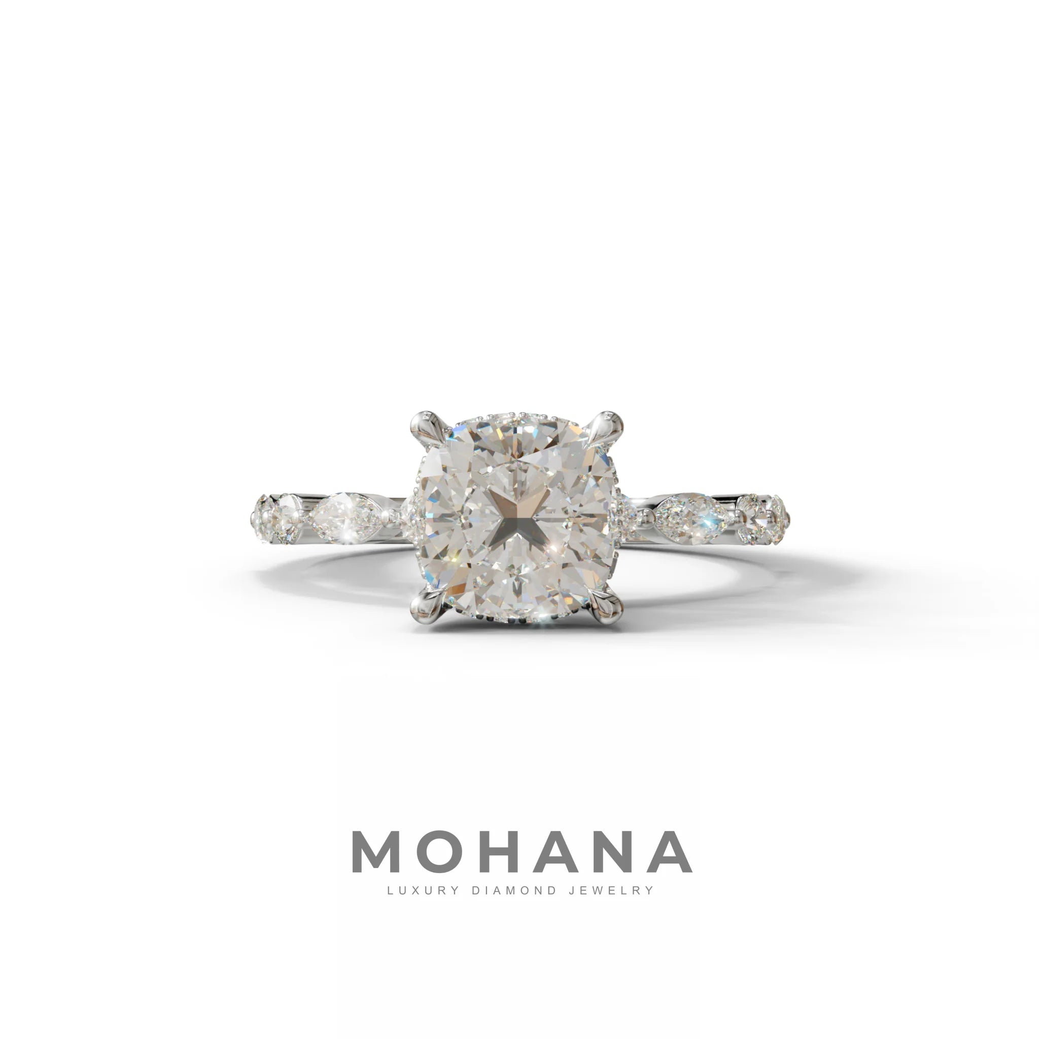 2 Carat E-VVS Cushion Cut Hidden Halo & Pave Lab Diamond Ring - Daisy - 10K Solid Gold / White Gold