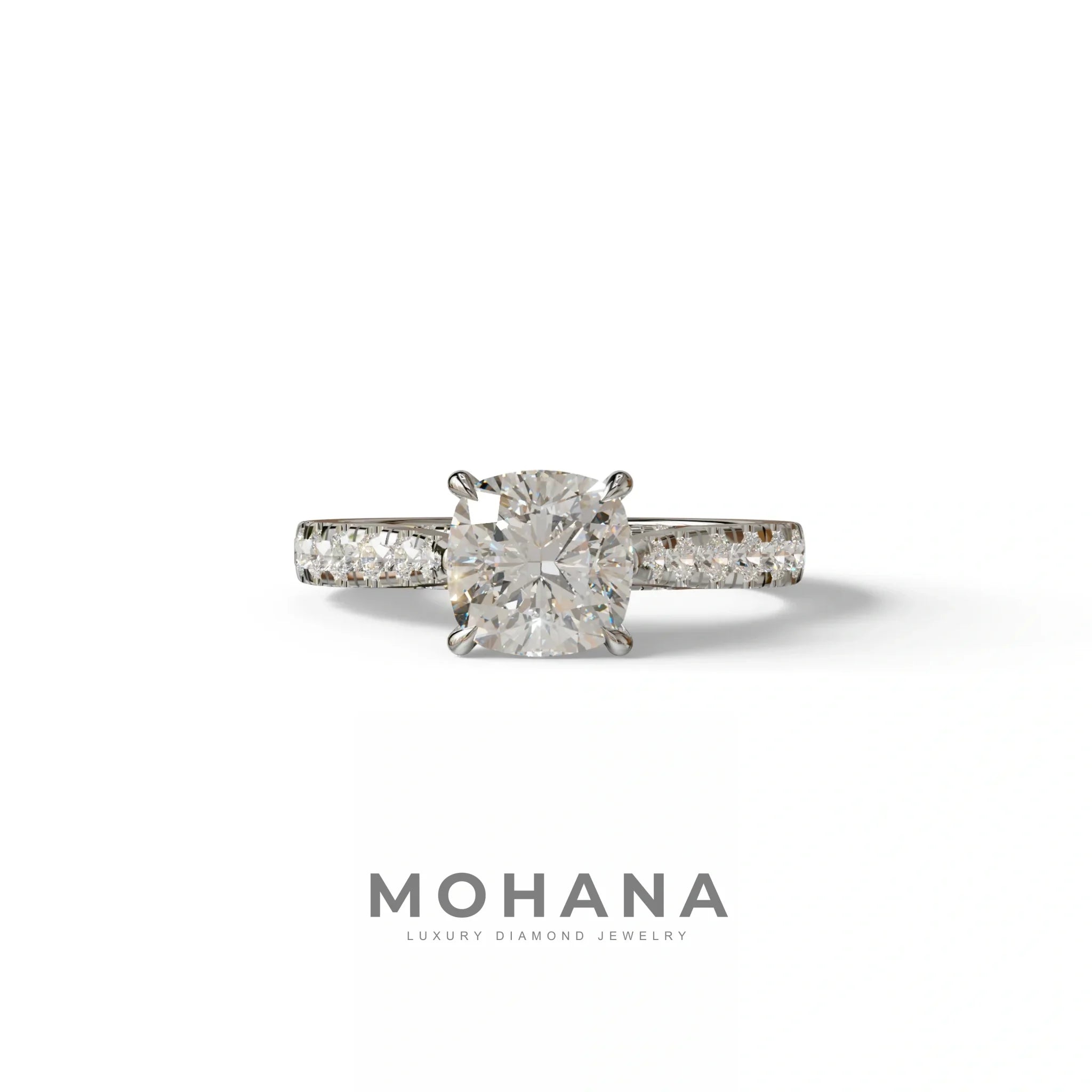 2 Carat E VVS Cushion Cut Lab Diamond Engagement Ring - Leo - 10K Solid Gold / White Gold