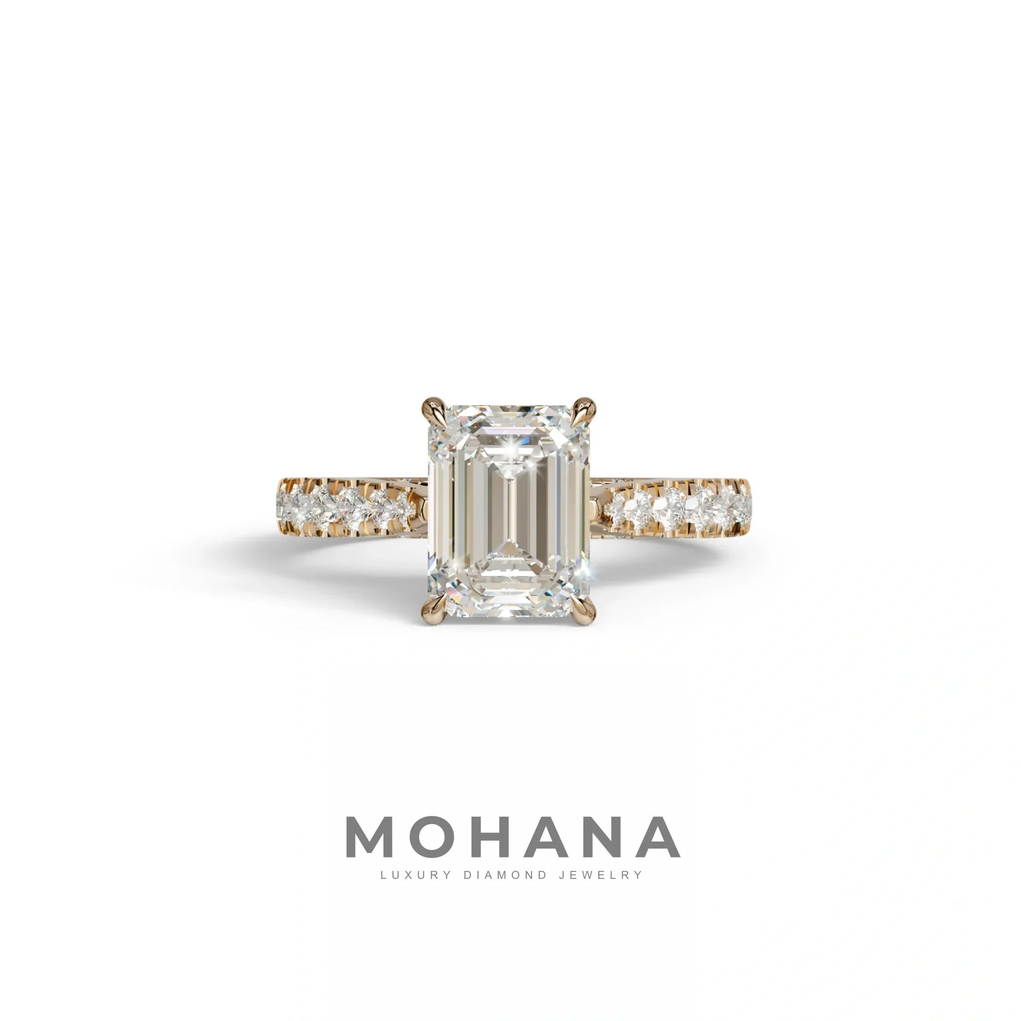 2 Carat E VVS Emerald Cut Hidden Halo & Pave Lab Diamond Ring - Siara - 10K Solid Gold / Rose Gold