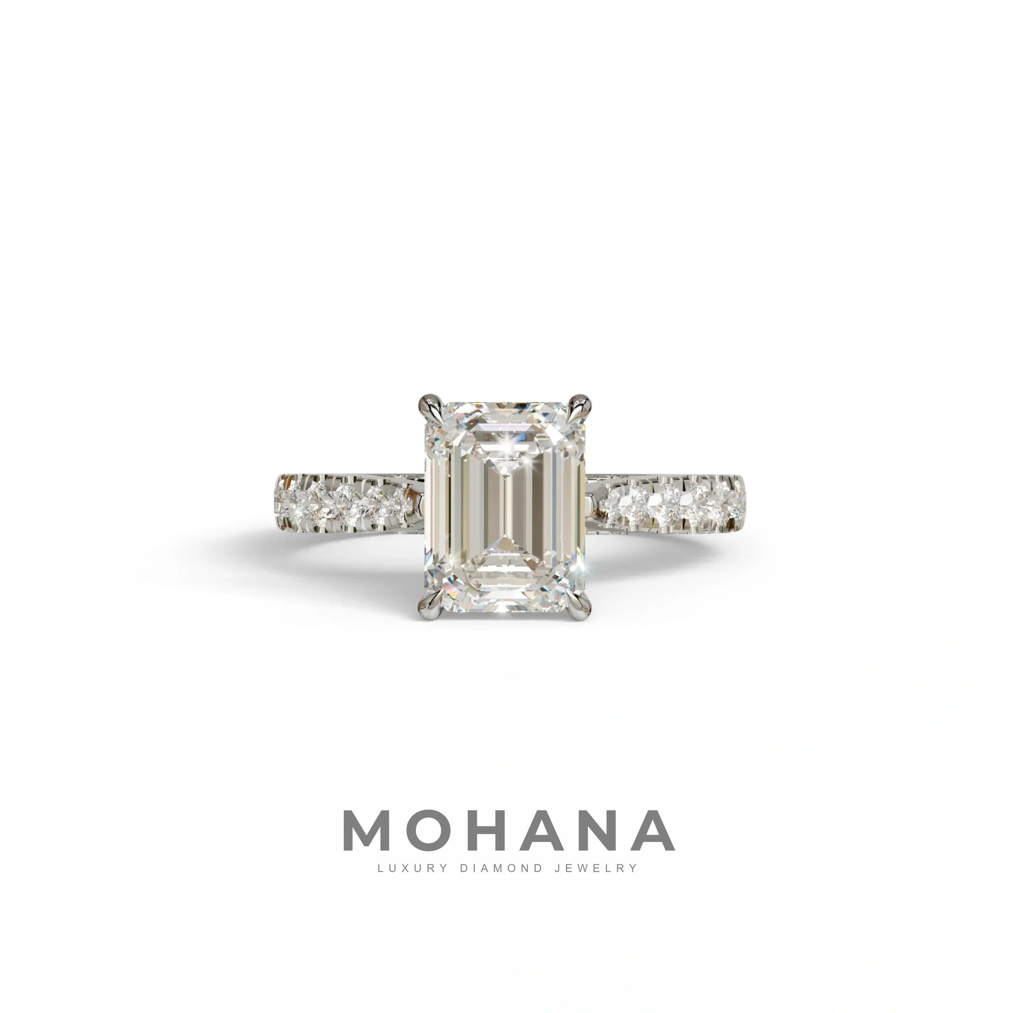 2 Carat E VVS Emerald Cut Hidden Halo & Pave Lab Diamond Ring - Siara - 10K Solid Gold / White Gold